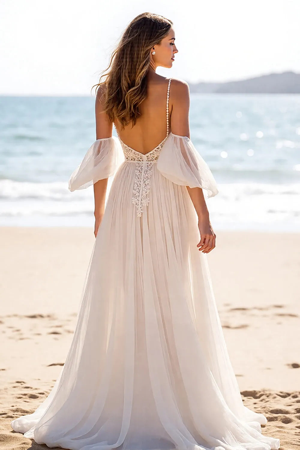 White A Line Backless Sweep Train Beach Wedding Dress sold by Zapaka product image thumbnail 2