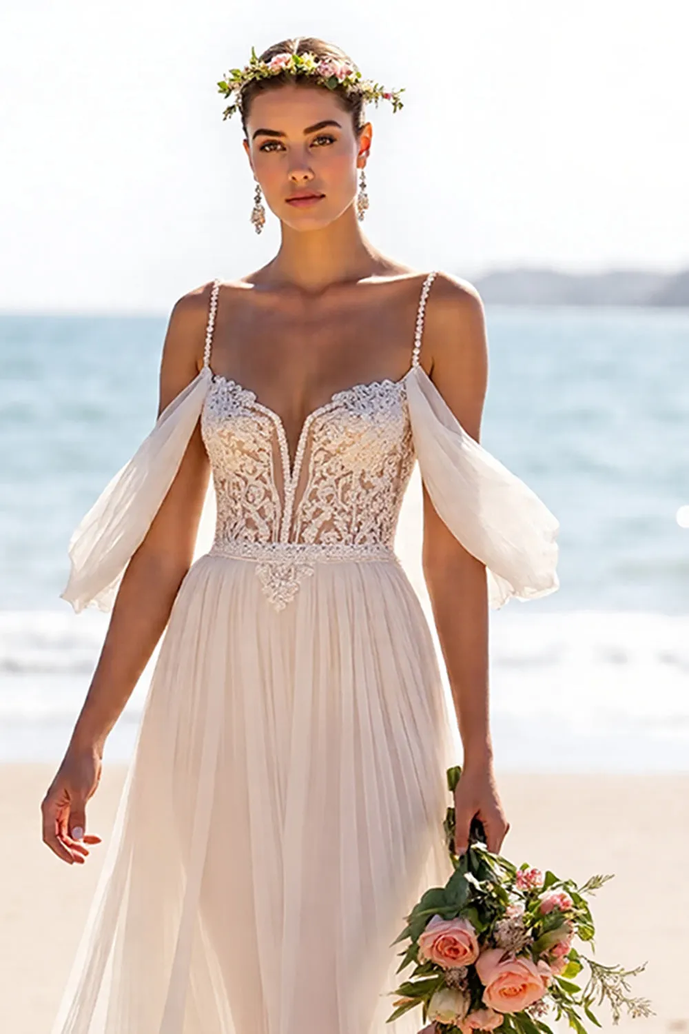 White A Line Backless Sweep Train Beach Wedding Dress sold by Zapaka product image thumbnail 3
