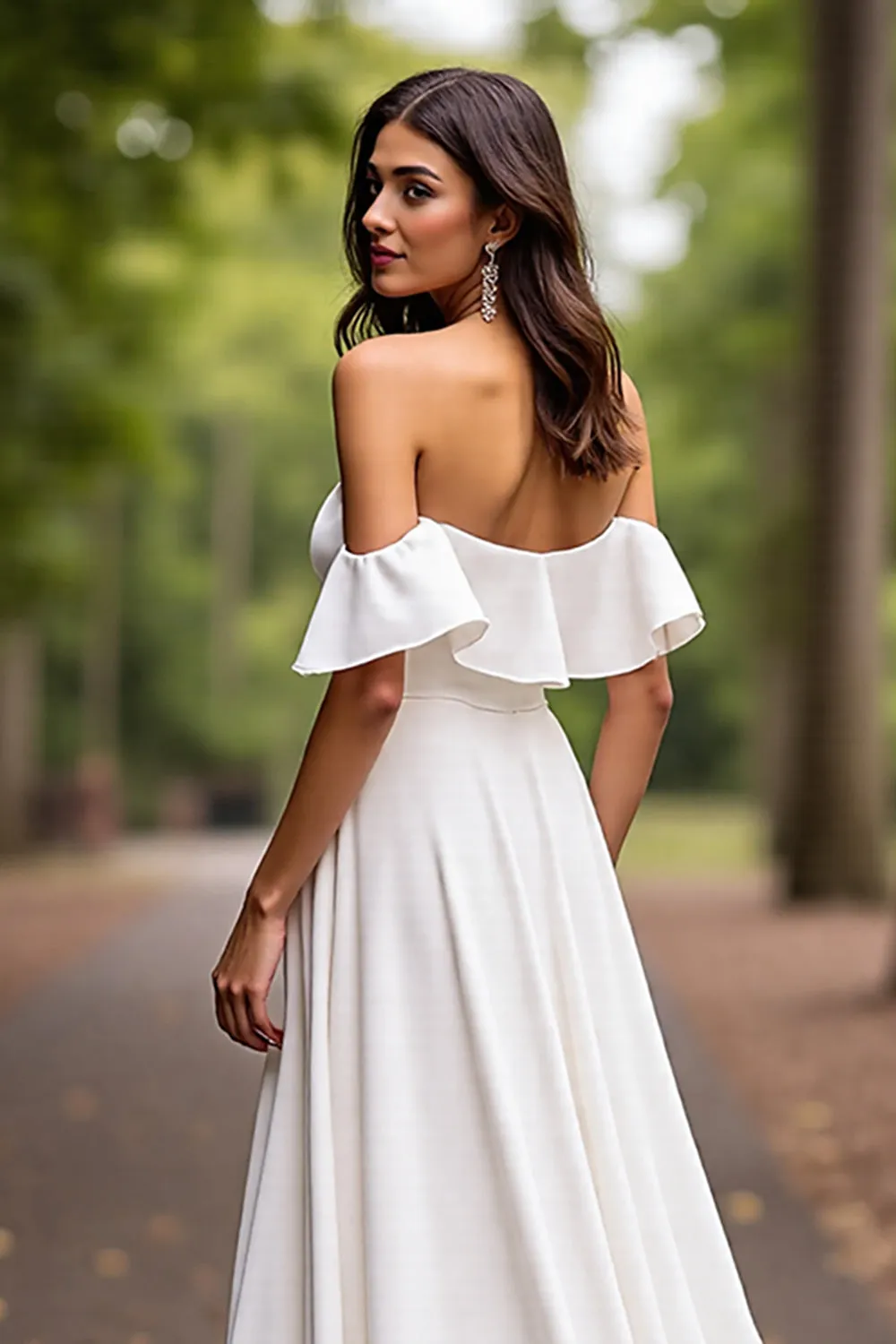 White Satin A Line Sweep Train Wedding Dress with Ruffles sold by Zapaka product image thumbnail 5