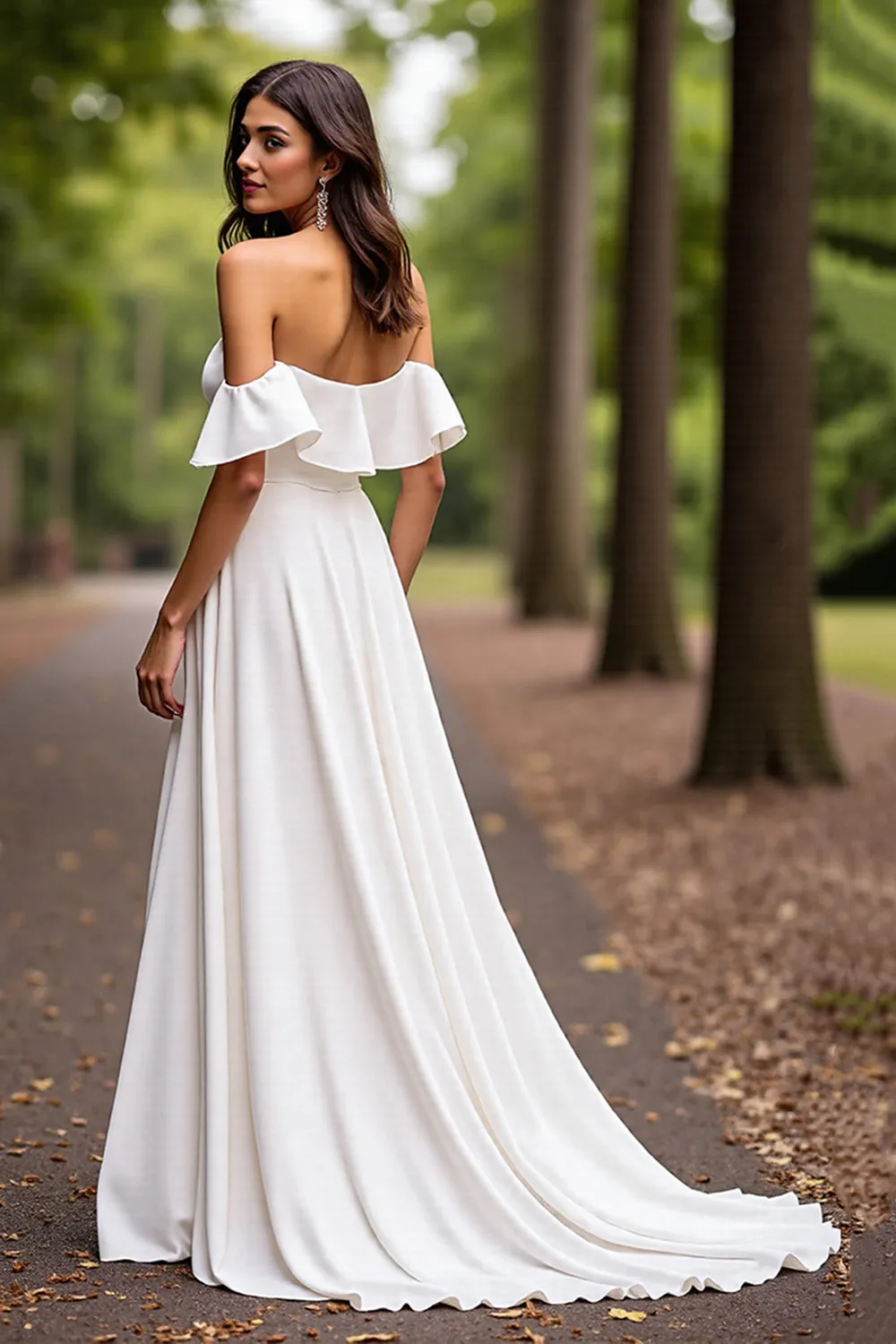 White Satin A Line Sweep Train Wedding Dress with Ruffles sold by Zapaka product image thumbnail 2