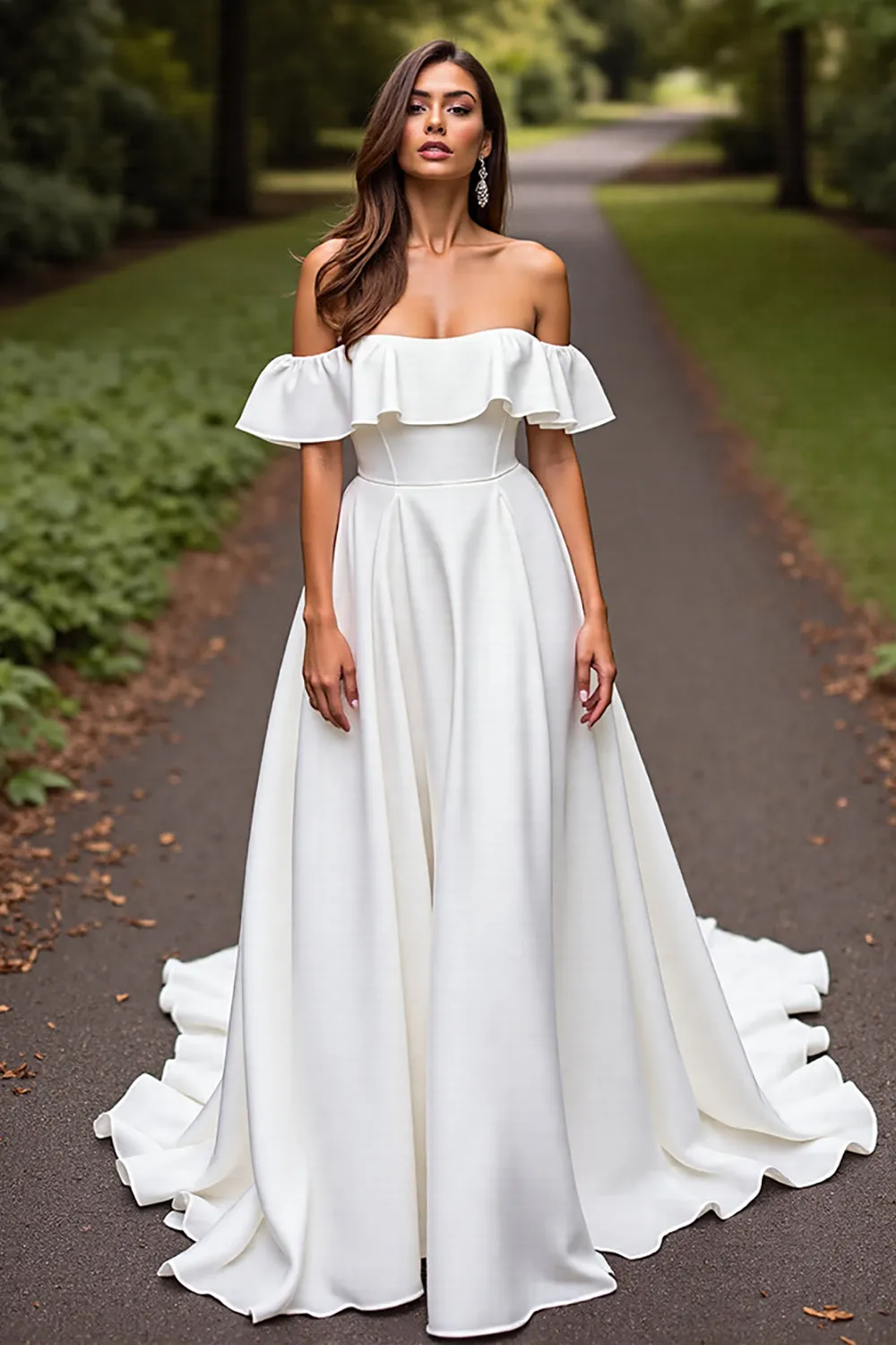 White Satin A Line Sweep Train Wedding Dress with Ruffles sold by Zapaka product image thumbnail 3