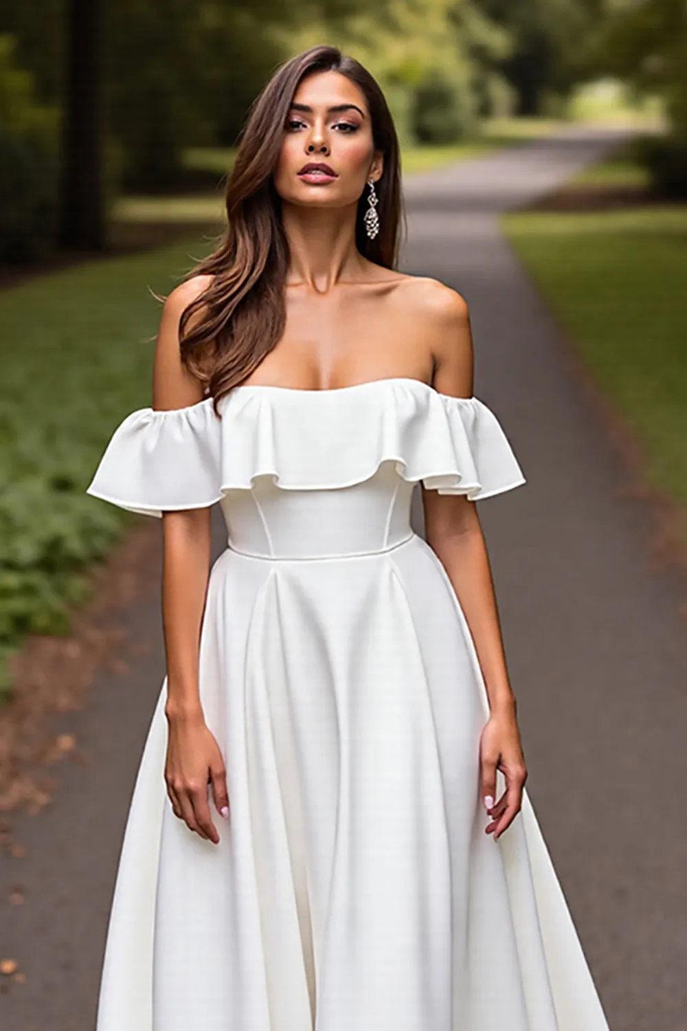 White Satin A Line Sweep Train Wedding Dress with Ruffles sold by Zapaka product image thumbnail 4