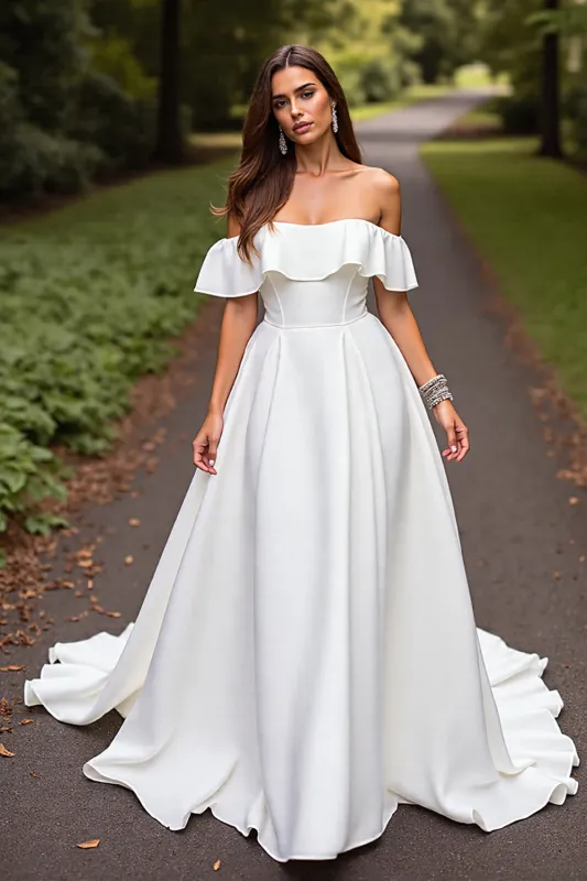 White Satin A Line Sweep Train Wedding Dress with Ruffles sold by Zapaka