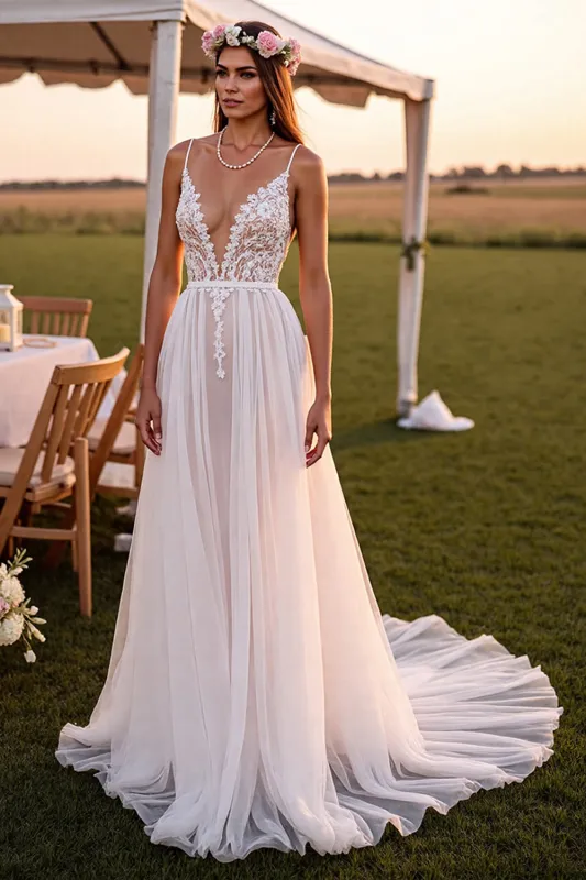 A Line White Spaghetti Straps  Sweep Train Wedding Dress with Lace sold by Zapaka