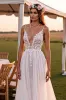 A Line White Spaghetti Straps  Sweep Train Wedding Dress with Lace sold by Zapaka