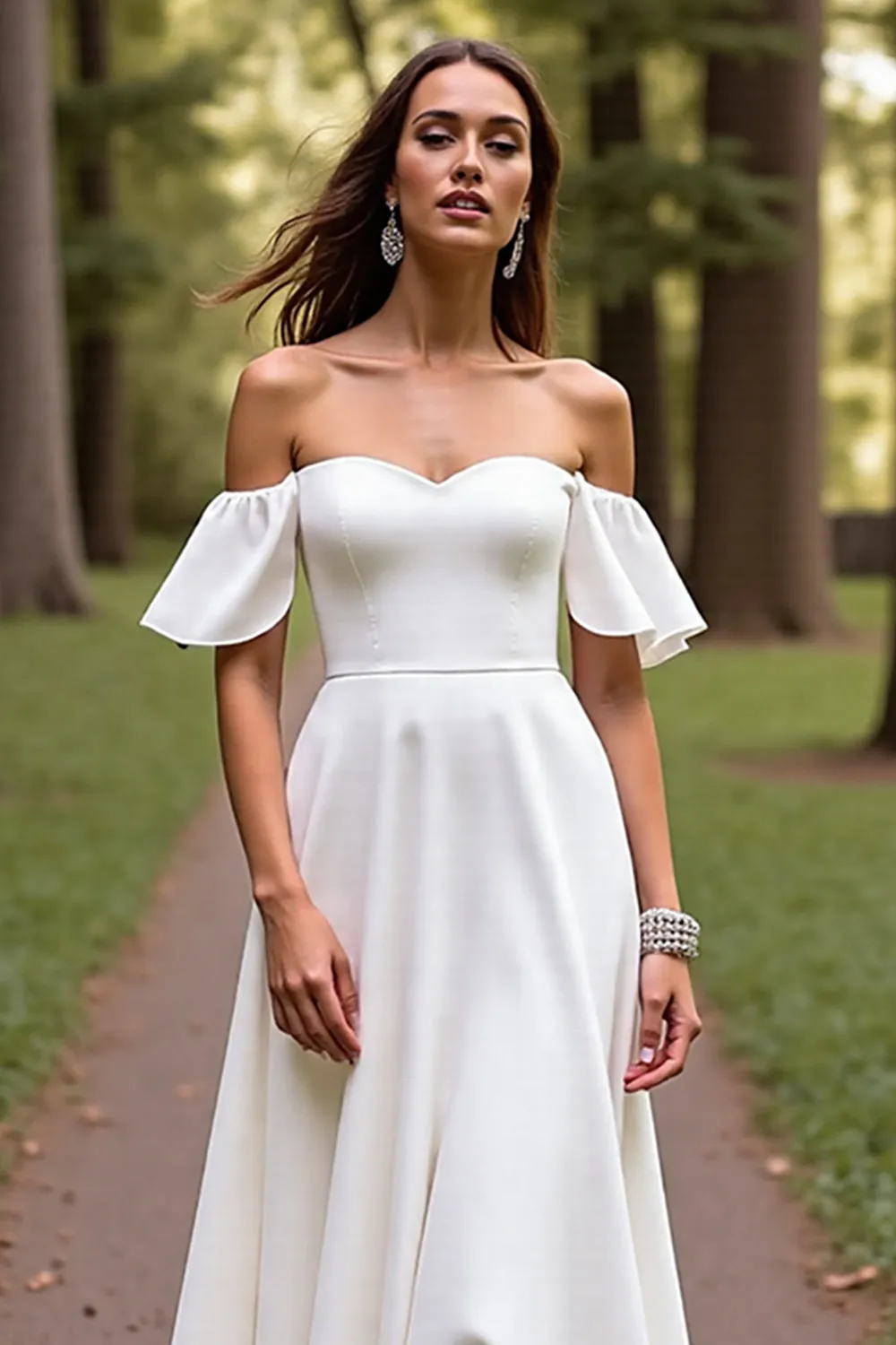 Simple White A Line Sweep Train Wedding Dress with Ruffles sold by Zapaka product image thumbnail 3