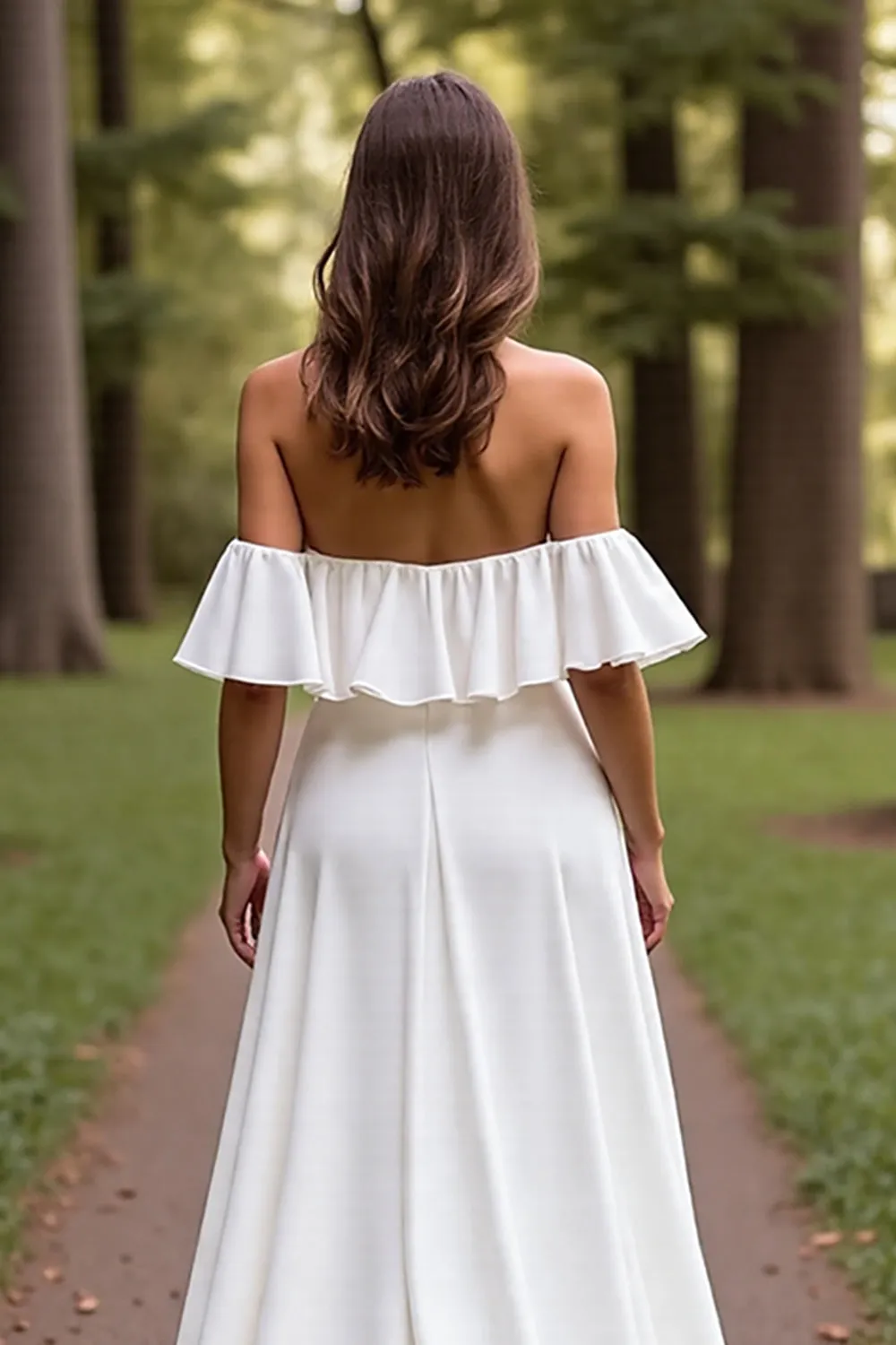 Simple White A Line Sweep Train Wedding Dress with Ruffles sold by Zapaka product image thumbnail 4