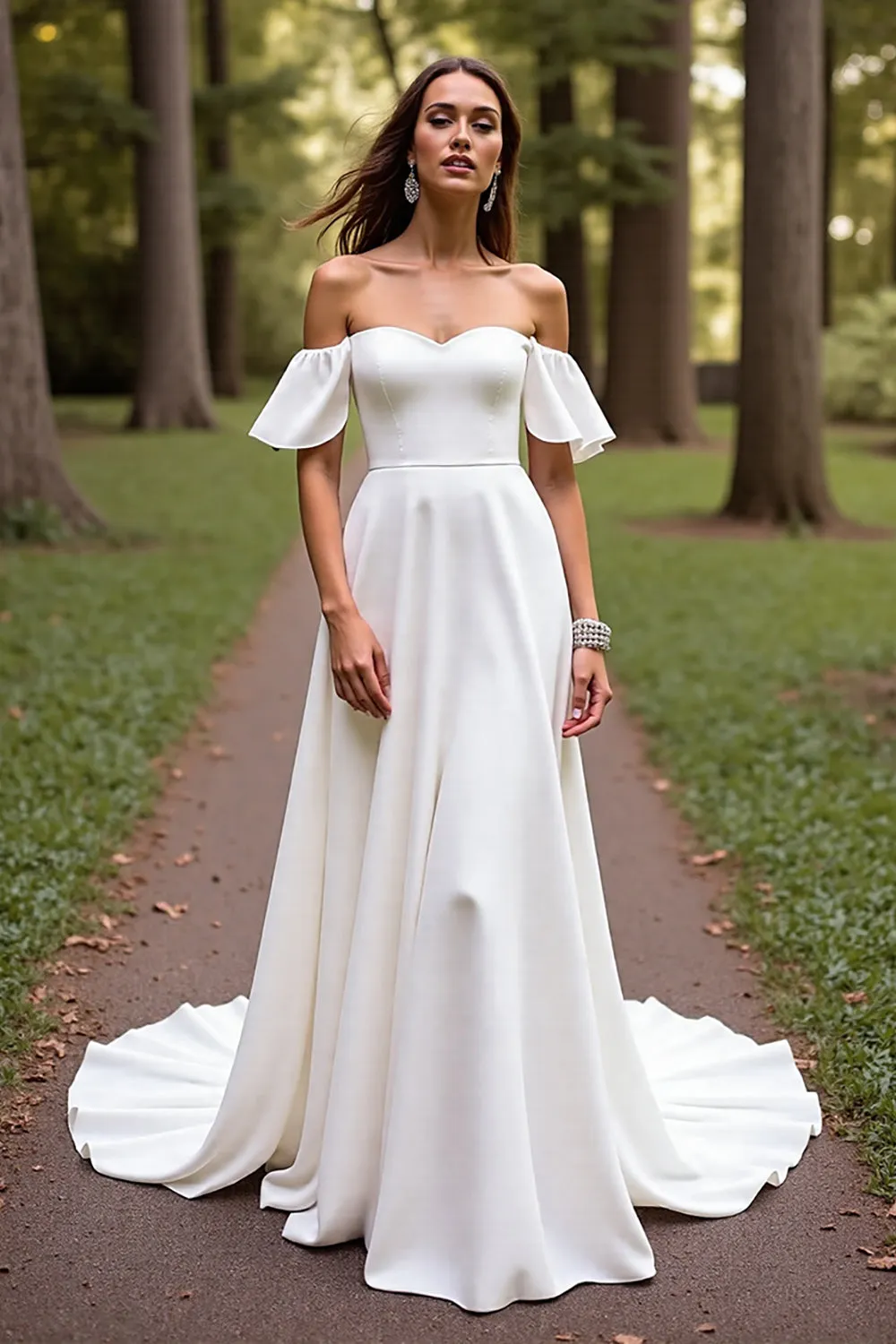 Simple White A Line Sweep Train Wedding Dress with Ruffles sold by Zapaka