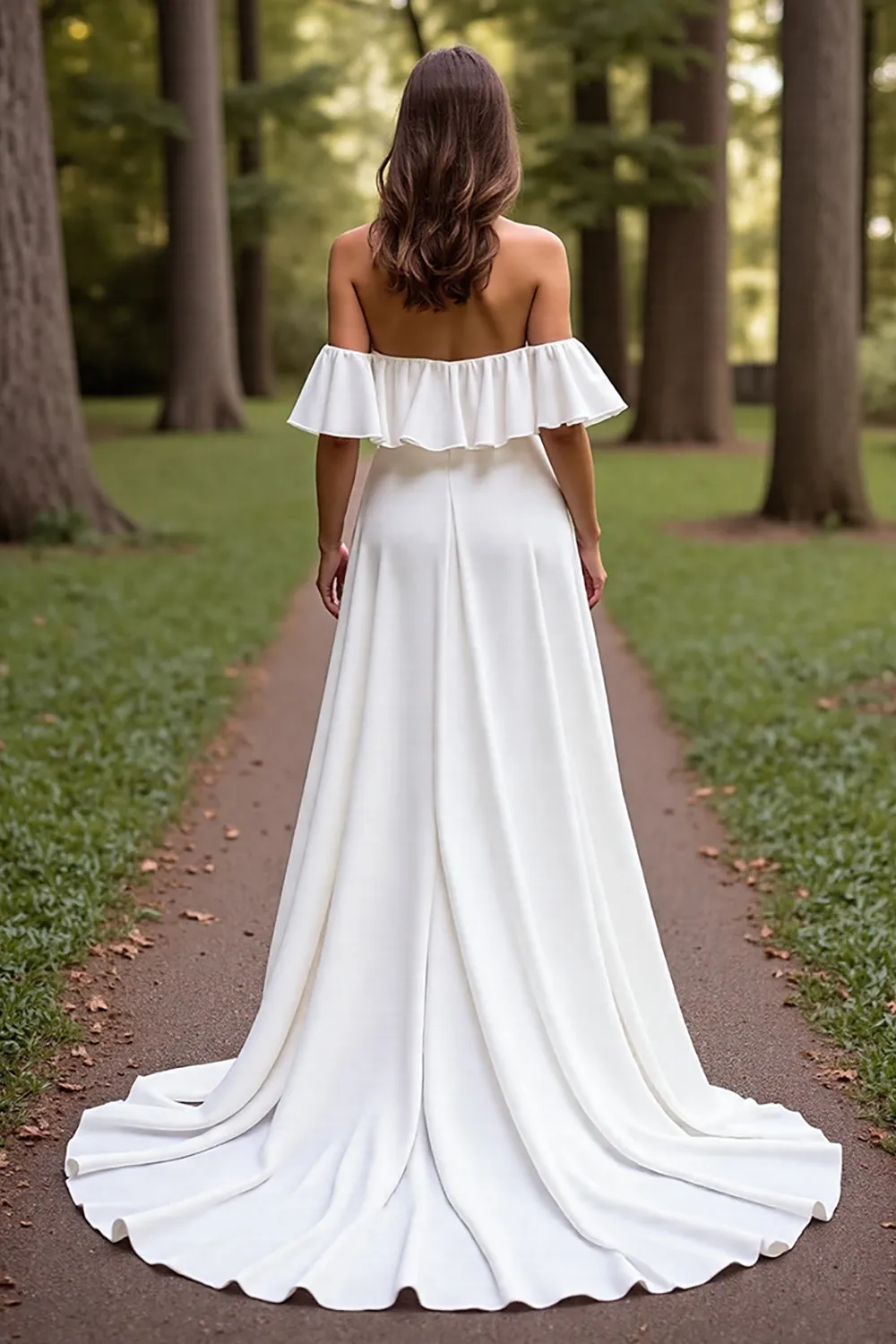 Simple White A Line Sweep Train Wedding Dress with Ruffles sold by Zapaka product image thumbnail 2