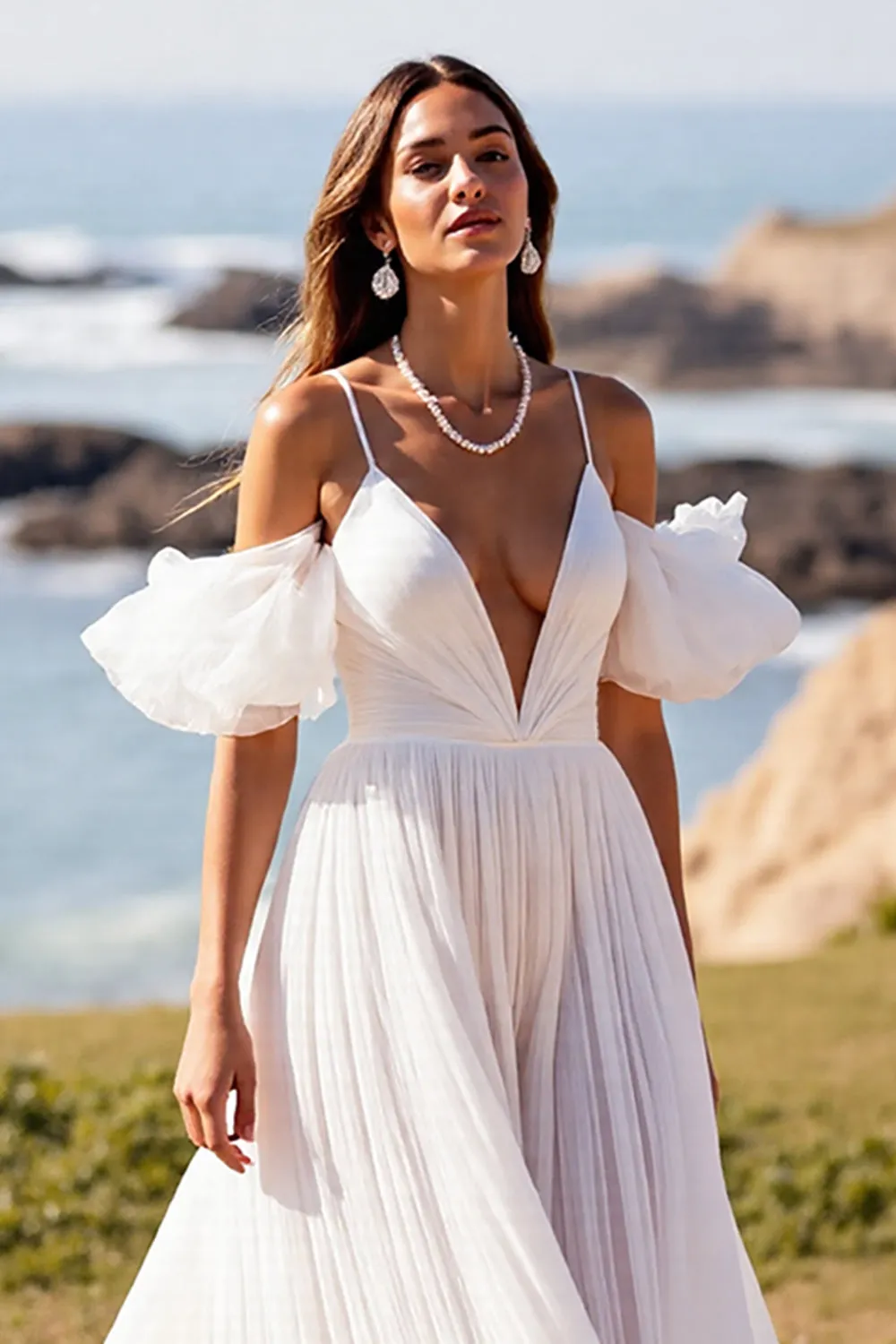 White Spaghetti Straps Sweep Train A Line Wedding Dress sold by Zapaka product image thumbnail 3