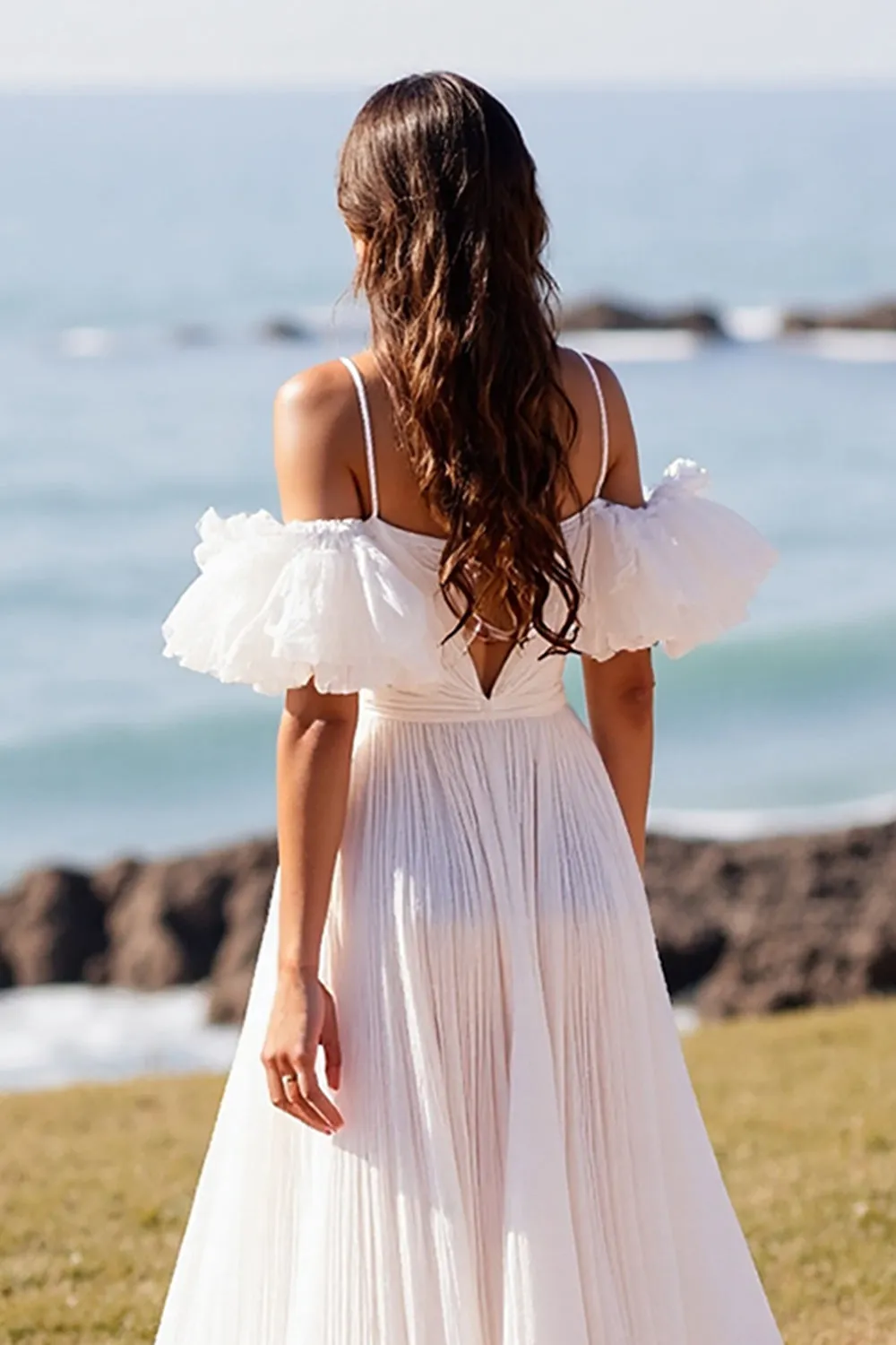 White Spaghetti Straps Sweep Train A Line Wedding Dress sold by Zapaka product image thumbnail 4