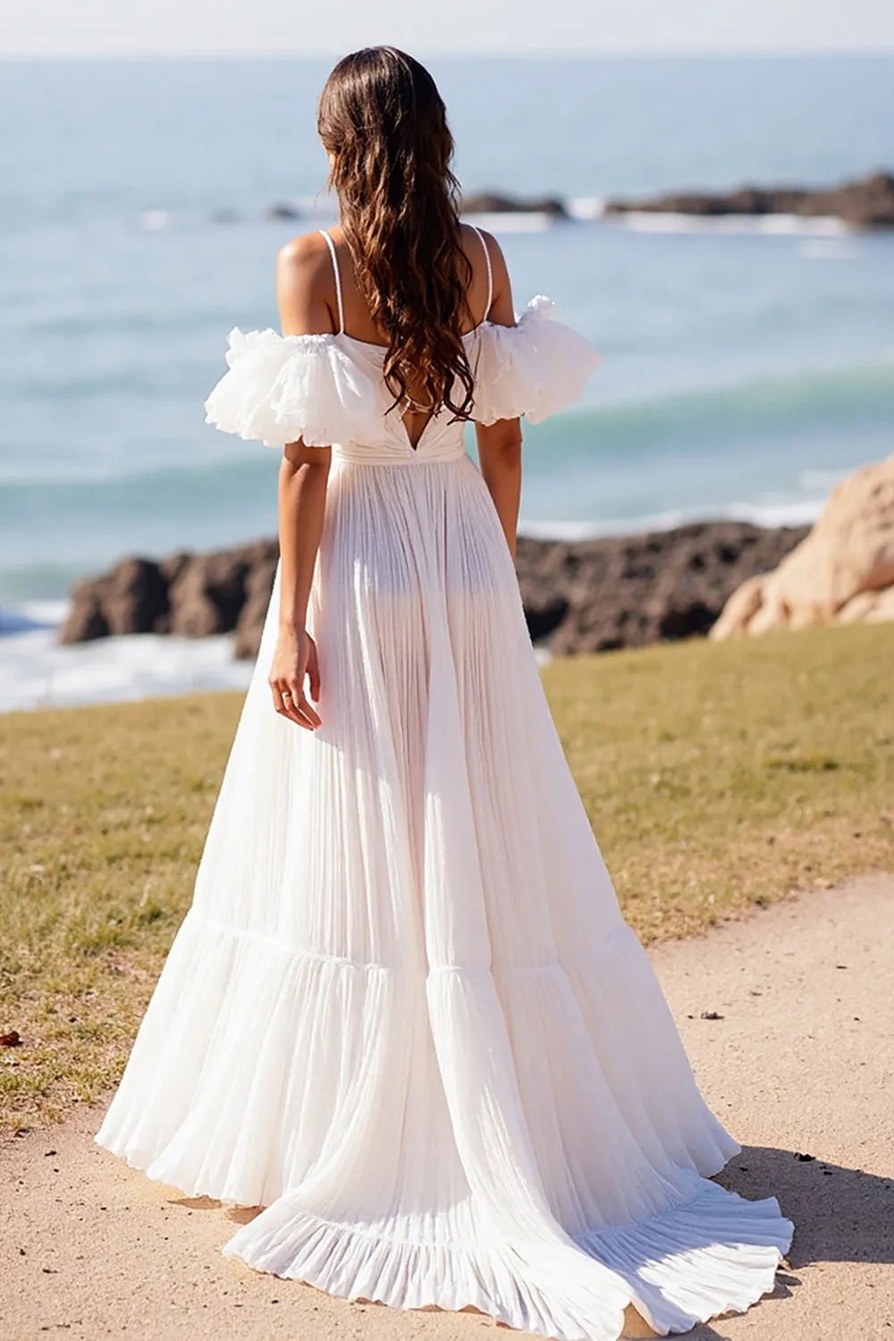 White Spaghetti Straps Sweep Train A Line Wedding Dress sold by Zapaka product image thumbnail 2