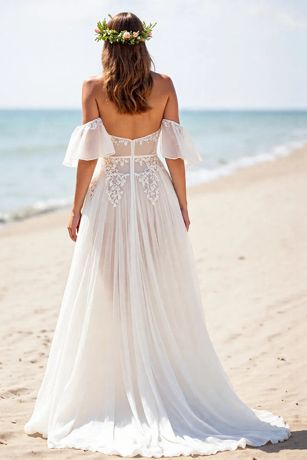 White A Line Chiffon Beach Wedding Dress with Slit sold by Zapaka product image thumbnail 2