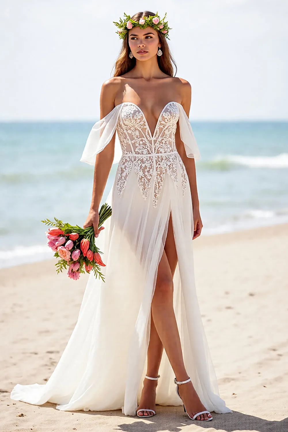 White A Line Chiffon Beach Wedding Dress with Slit sold by Zapaka