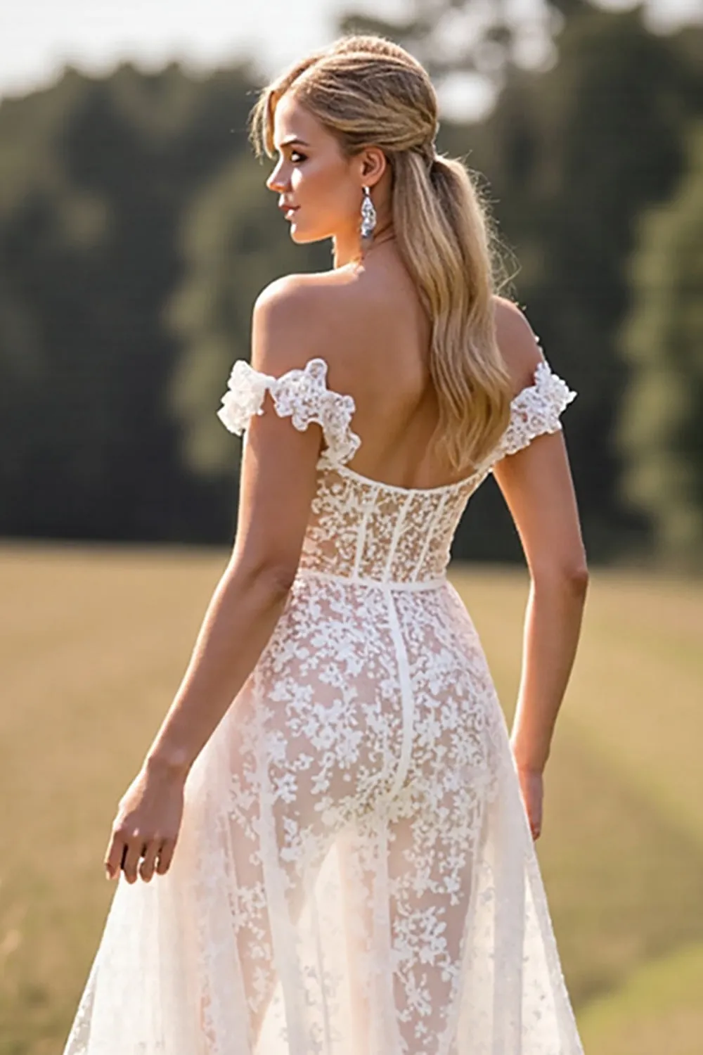 White A Line Lace Western Wedding Dress with Slit sold by Zapaka product image thumbnail 4