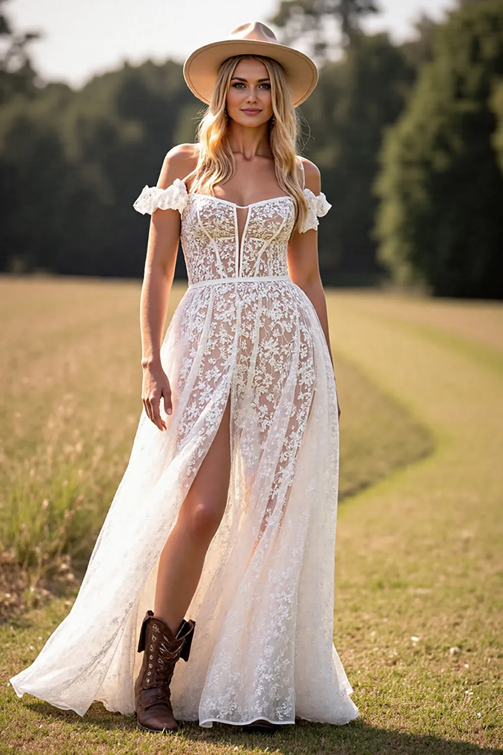 White A Line Lace Western Wedding Dress with Slit sold by Zapaka