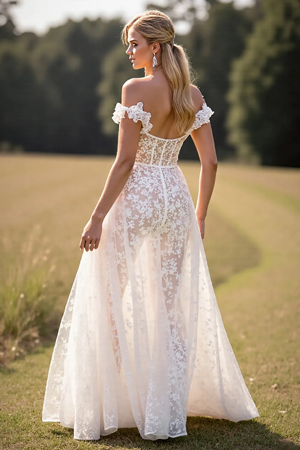 White A Line Lace Western Wedding Dress with Slit sold by Zapaka product image thumbnail 2