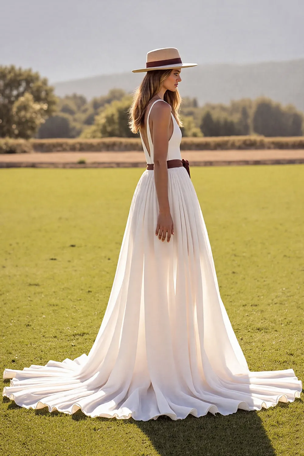 White Chiffon A Line Sweep Train Wedding Dress with Slit sold by Zapaka product image thumbnail 2