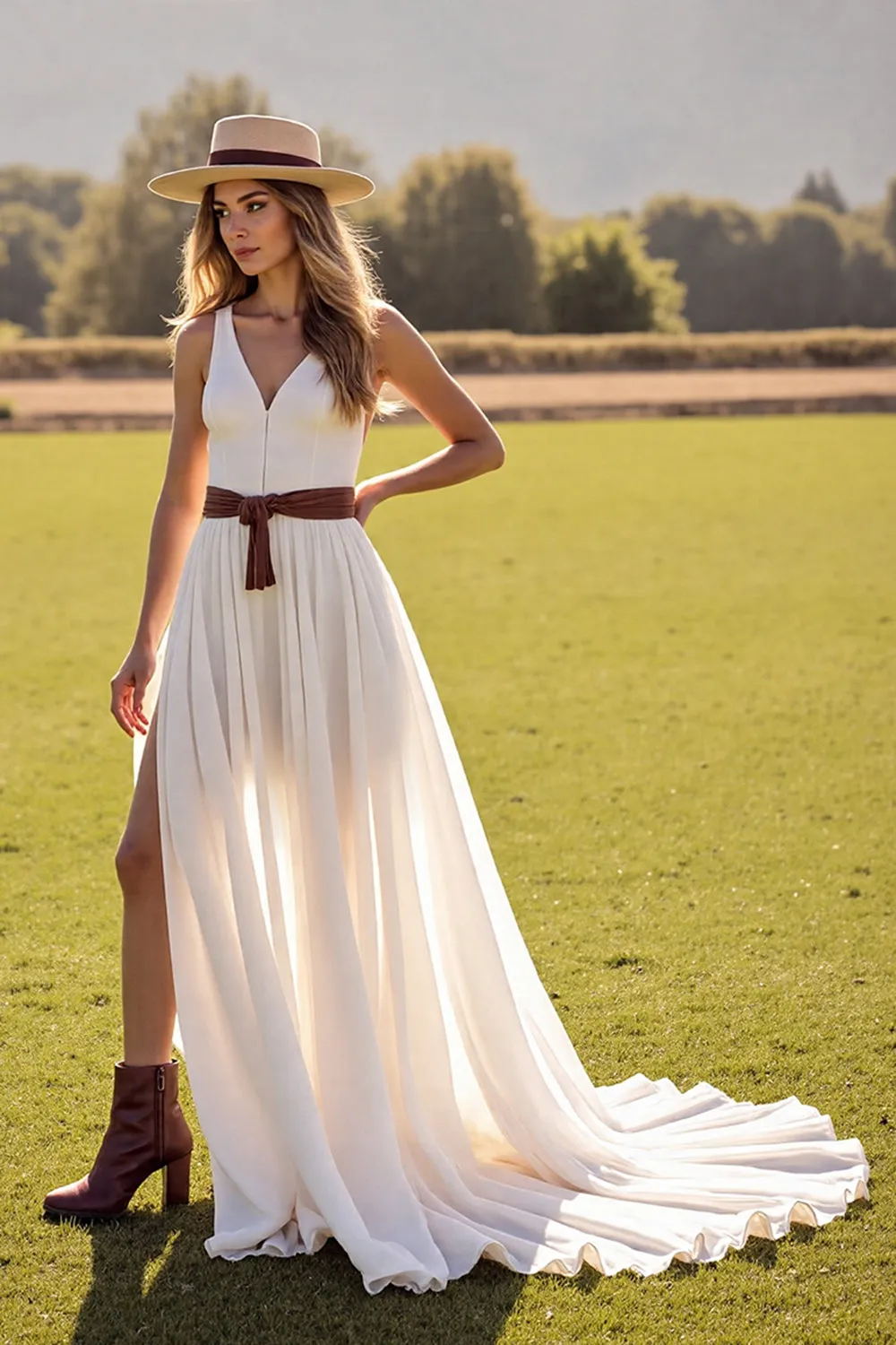 White Chiffon A Line Sweep Train Wedding Dress with Slit sold by Zapaka