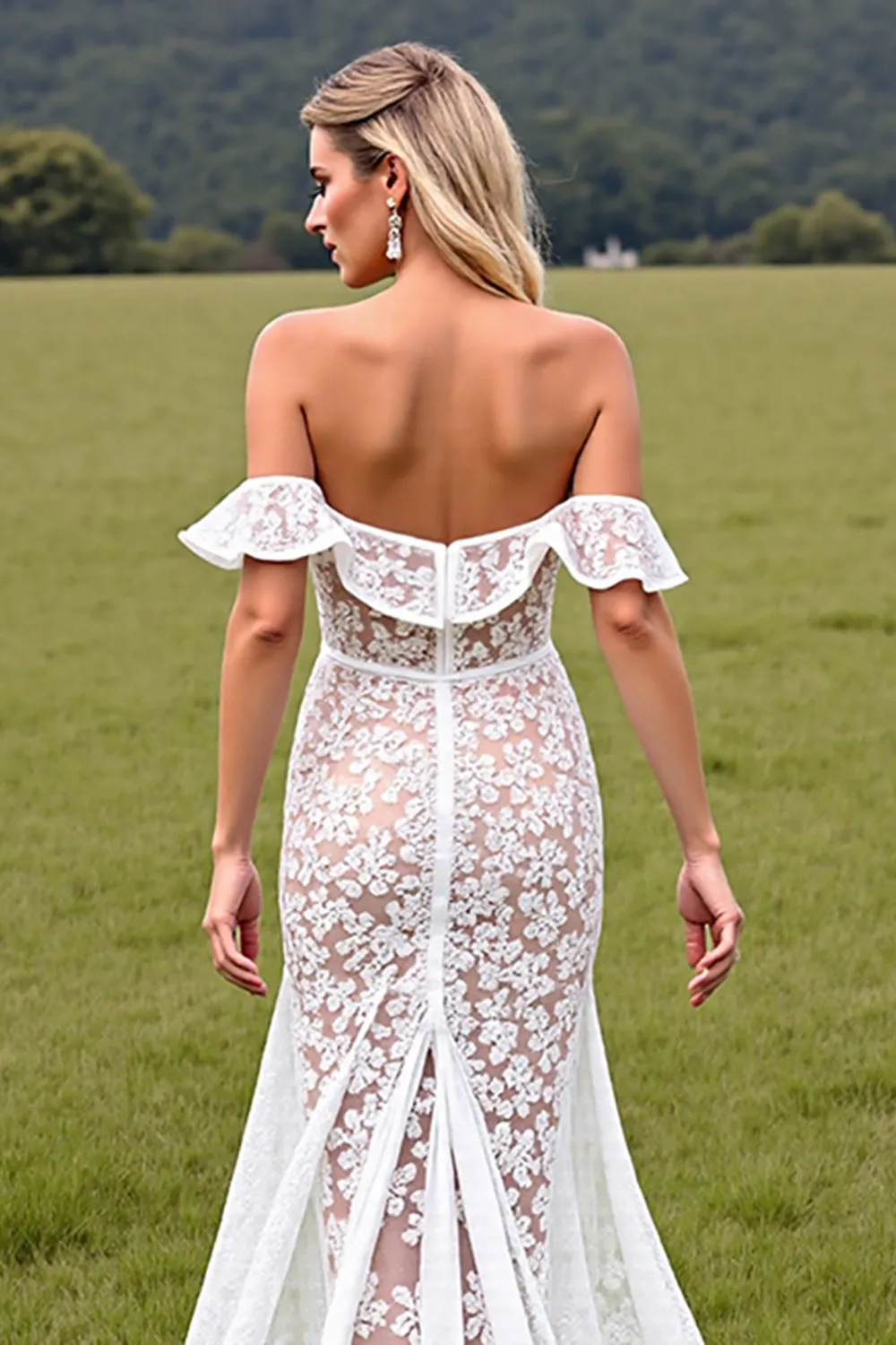 White High Low Lace Western Wedding Dress with Ruffles sold by Zapaka product image thumbnail 4