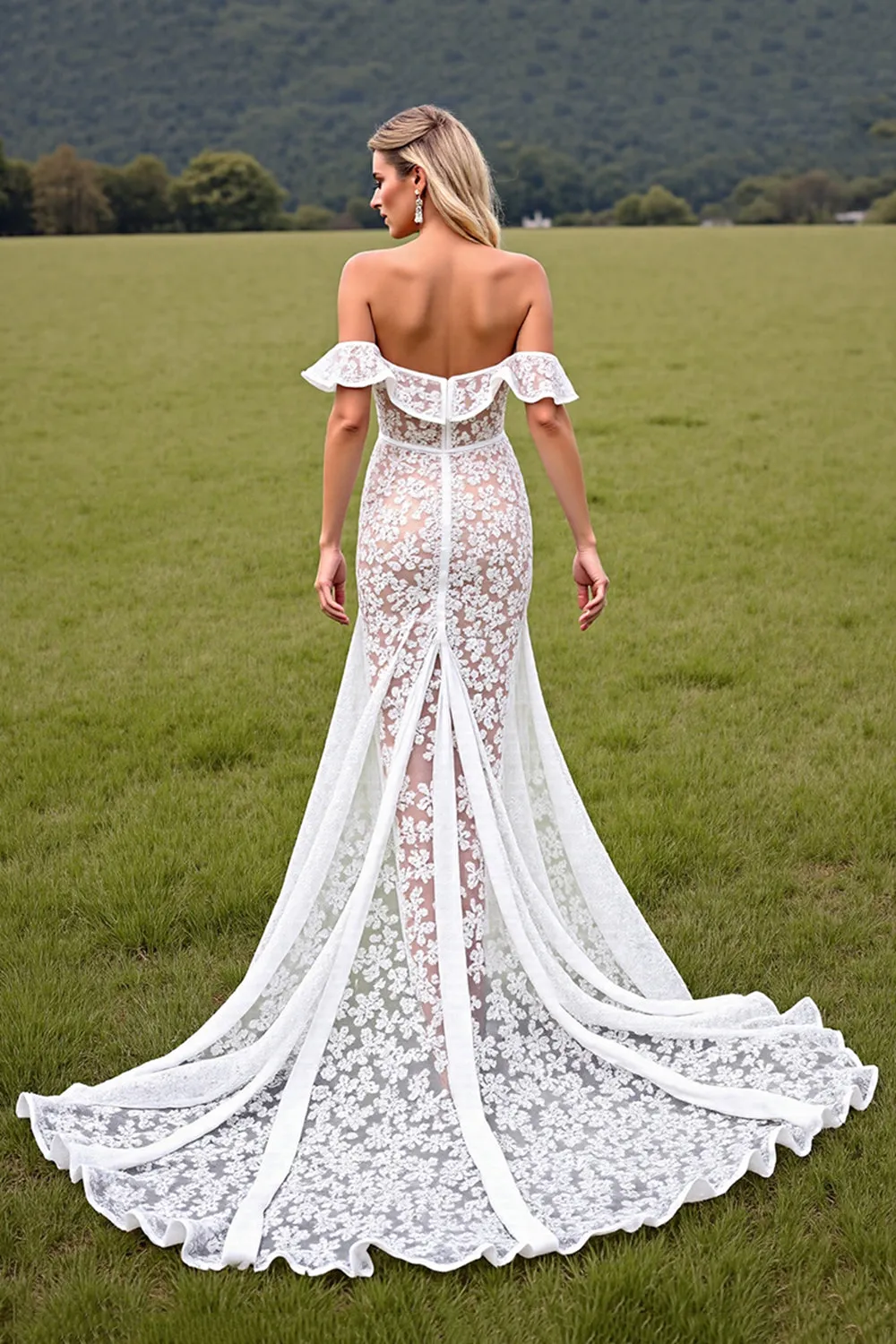 White High Low Lace Western Wedding Dress with Ruffles sold by Zapaka product image thumbnail 2
