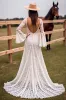 White Lace V Neck Sweep Train Wedding Dress with Slit sold by Zapaka