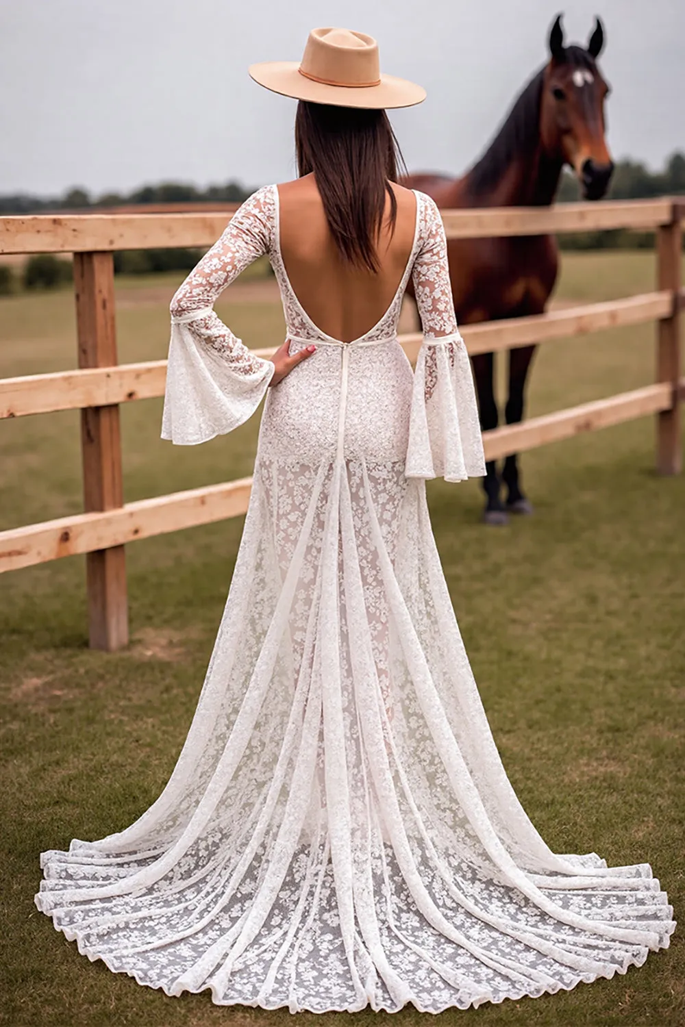 White Lace V Neck Sweep Train Wedding Dress with Slit sold by Zapaka product image thumbnail 2