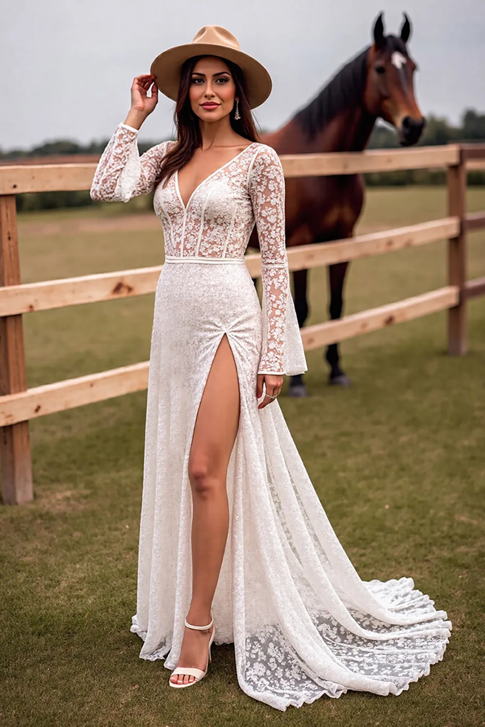 White Lace V Neck Sweep Train Wedding Dress with Slit sold by Zapaka