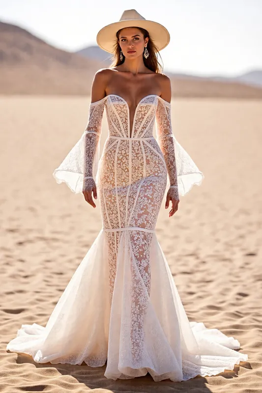 White Mermaid Flare Sleeves Lace Western Wedding Dress sold by Zapaka