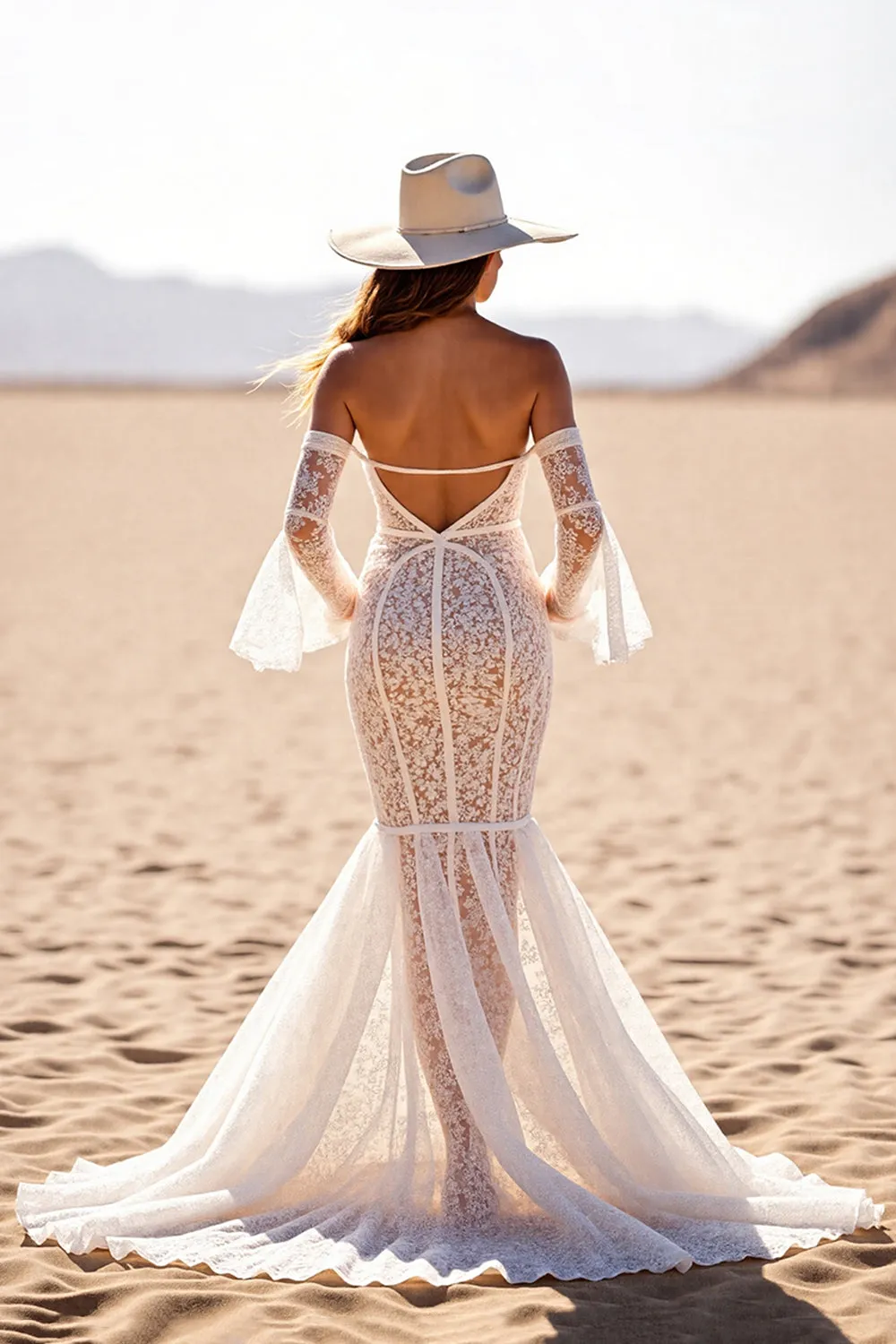 White Mermaid Flare Sleeves Lace Western Wedding Dress sold by Zapaka product image thumbnail 2