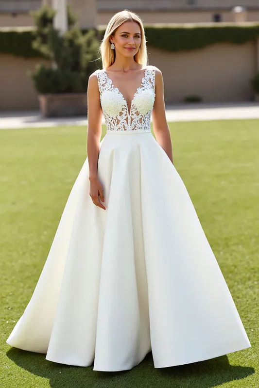 A Line V Neck Ivory Satin Long Wedding Dress sold by Zapaka