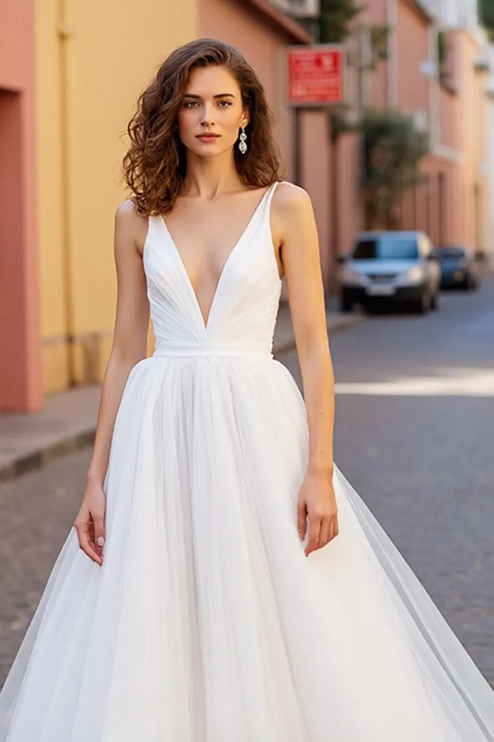 Ivory A Line V Neck Tulle Long Wedding Dress sold by Zapaka product image thumbnail 3
