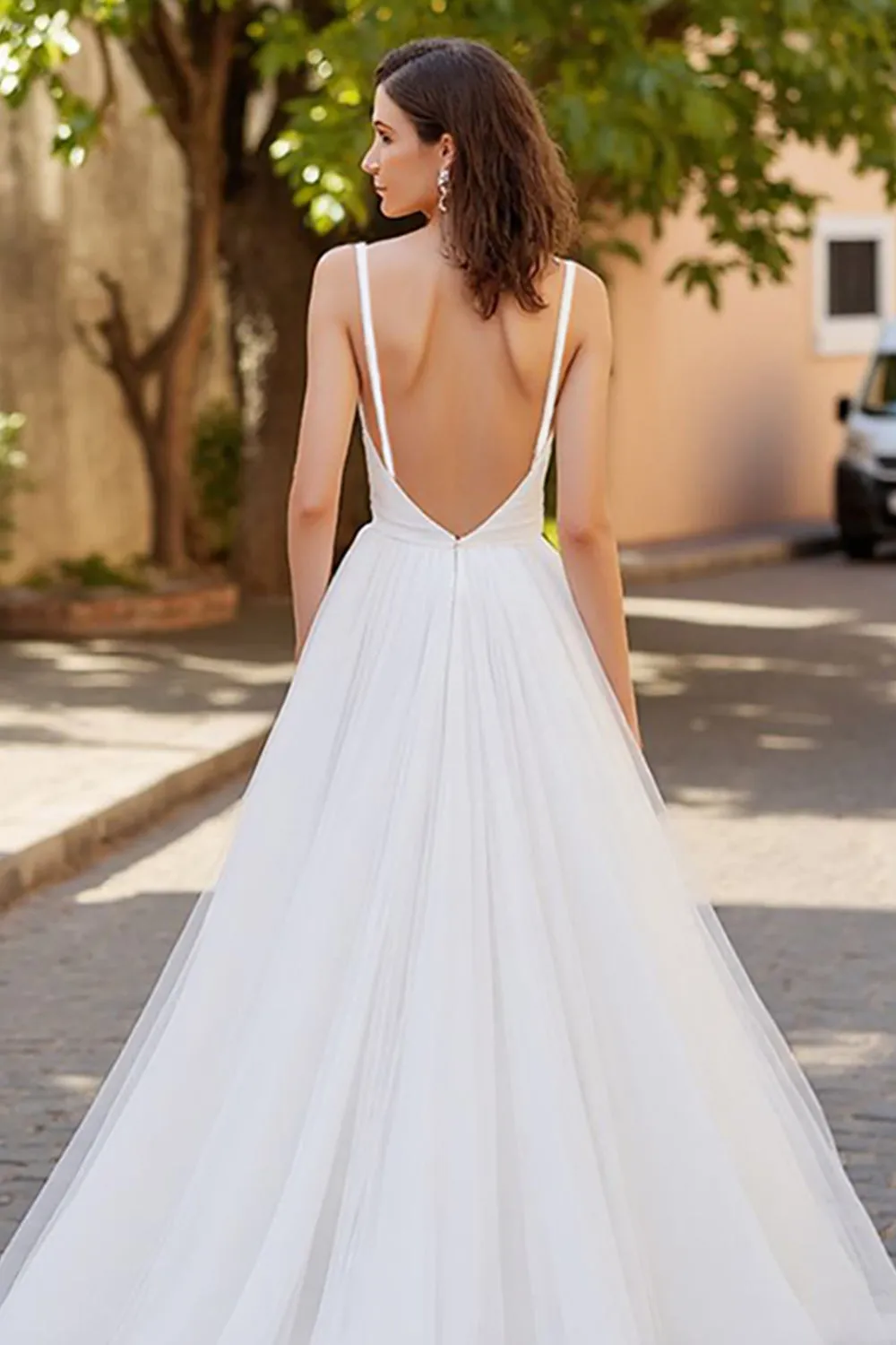 Ivory A Line V Neck Tulle Long Wedding Dress sold by Zapaka product image thumbnail 4