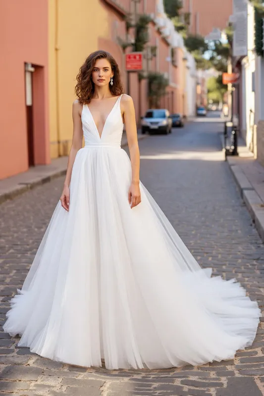 Ivory A Line V Neck Tulle Long Wedding Dress sold by Zapaka