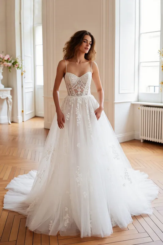 Ivory A Line Spaghetti Straps Corset Wedding Dress sold by Zapaka