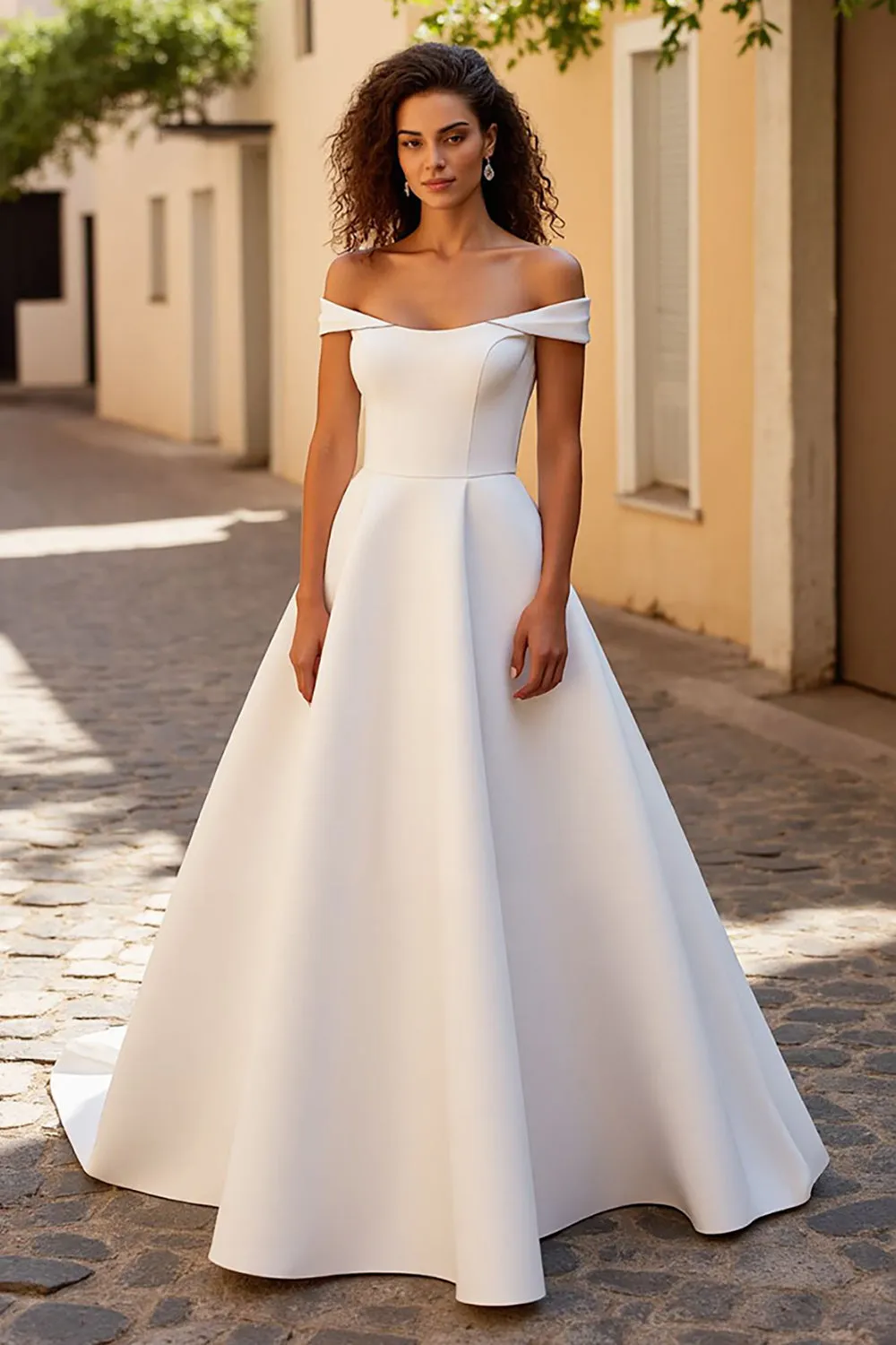 Ivory A Line Off The Shoulder Satin Wedding Dress sold by Zapaka