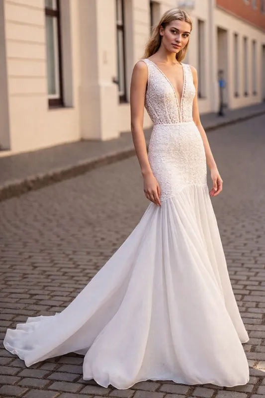 Ivory Mermaid V Neck Sleeveless Lace Long Wedding Dress sold by Zapaka