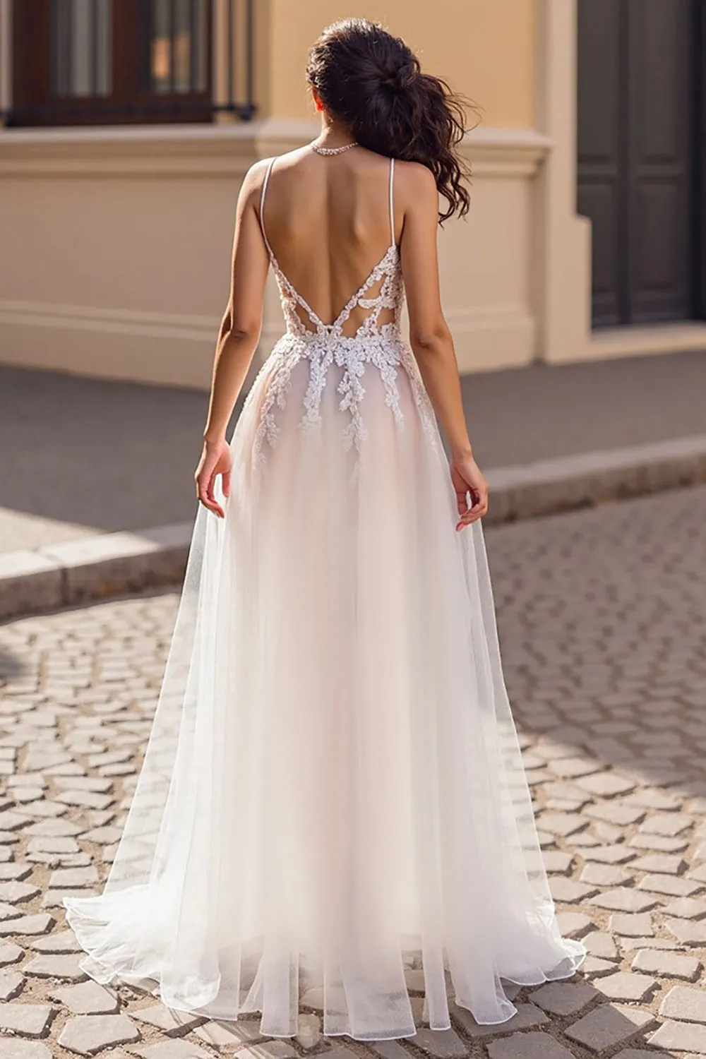 Ivory Appliqued A Line Tulle Long Wedding Dress sold by Zapaka product image thumbnail 2