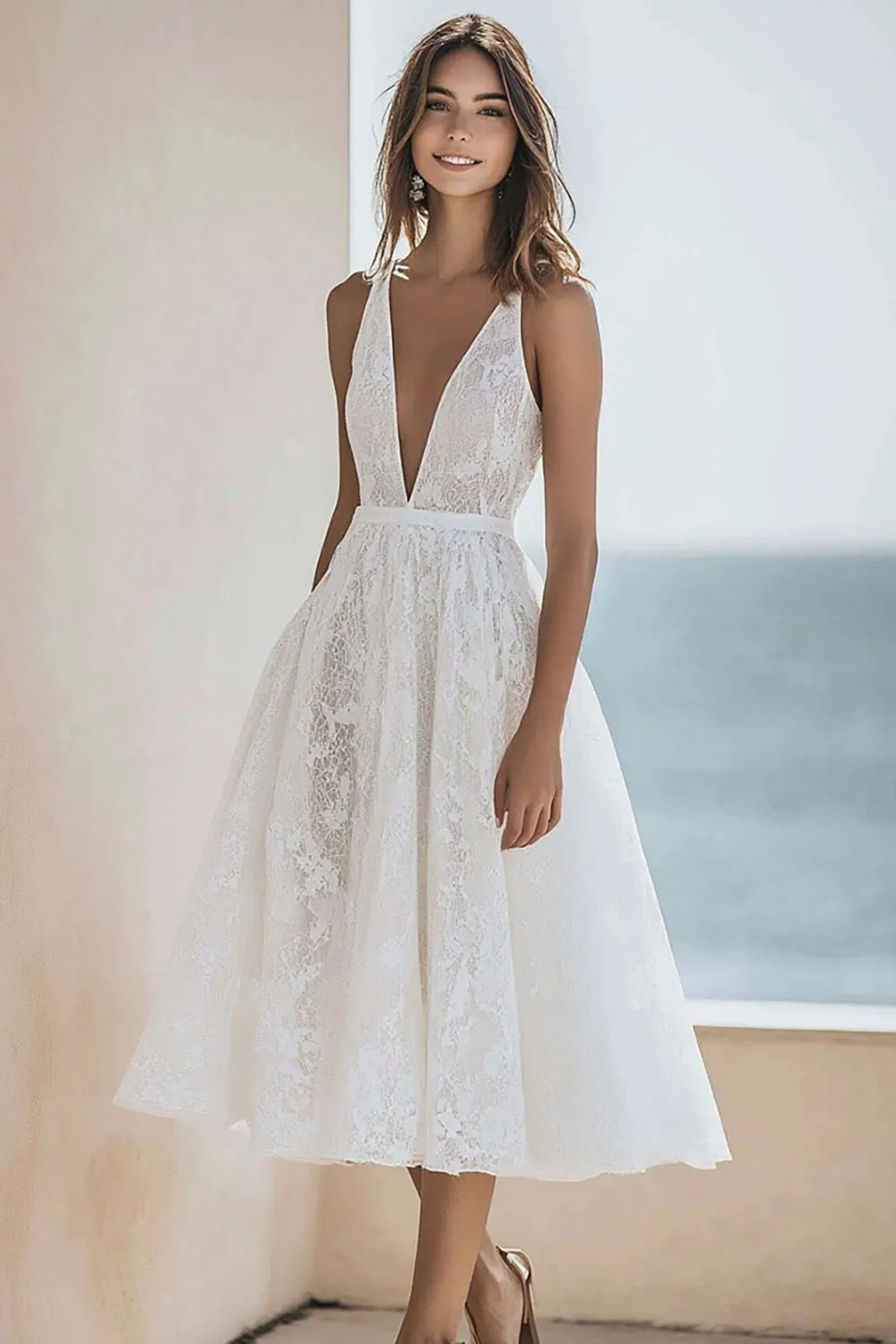 Lace Deep V-Neck Ivory Maxi Engagement Dress sold by Zapaka