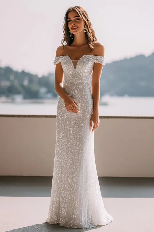 Sparkly Ivory Mermaid Sequin Maxi Wedding Reception Dress sold by Zapaka