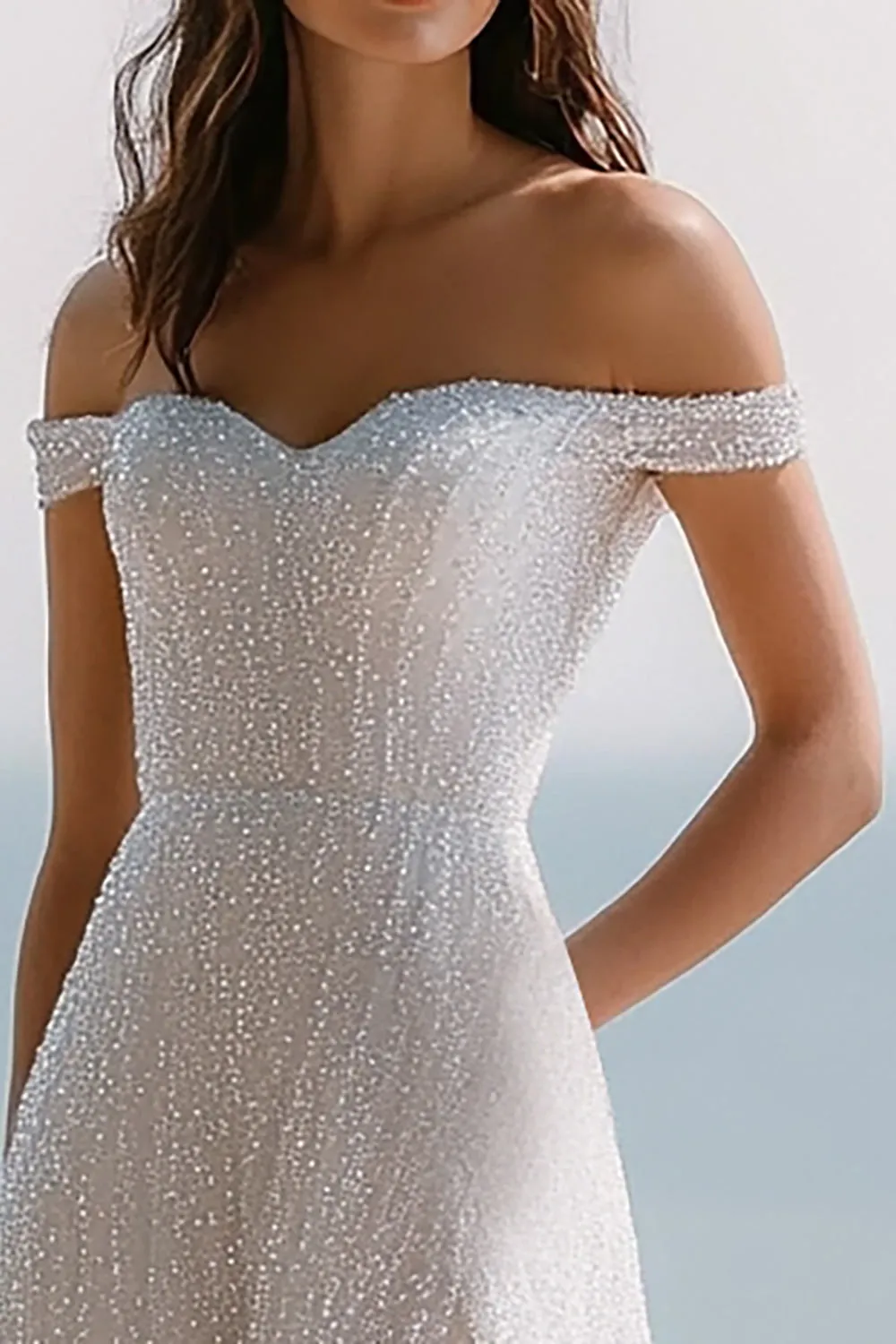 Sparkly Ivory Sequin Off the Shoulder Engagement Dress with Slit sold by Zapaka product image thumbnail 2