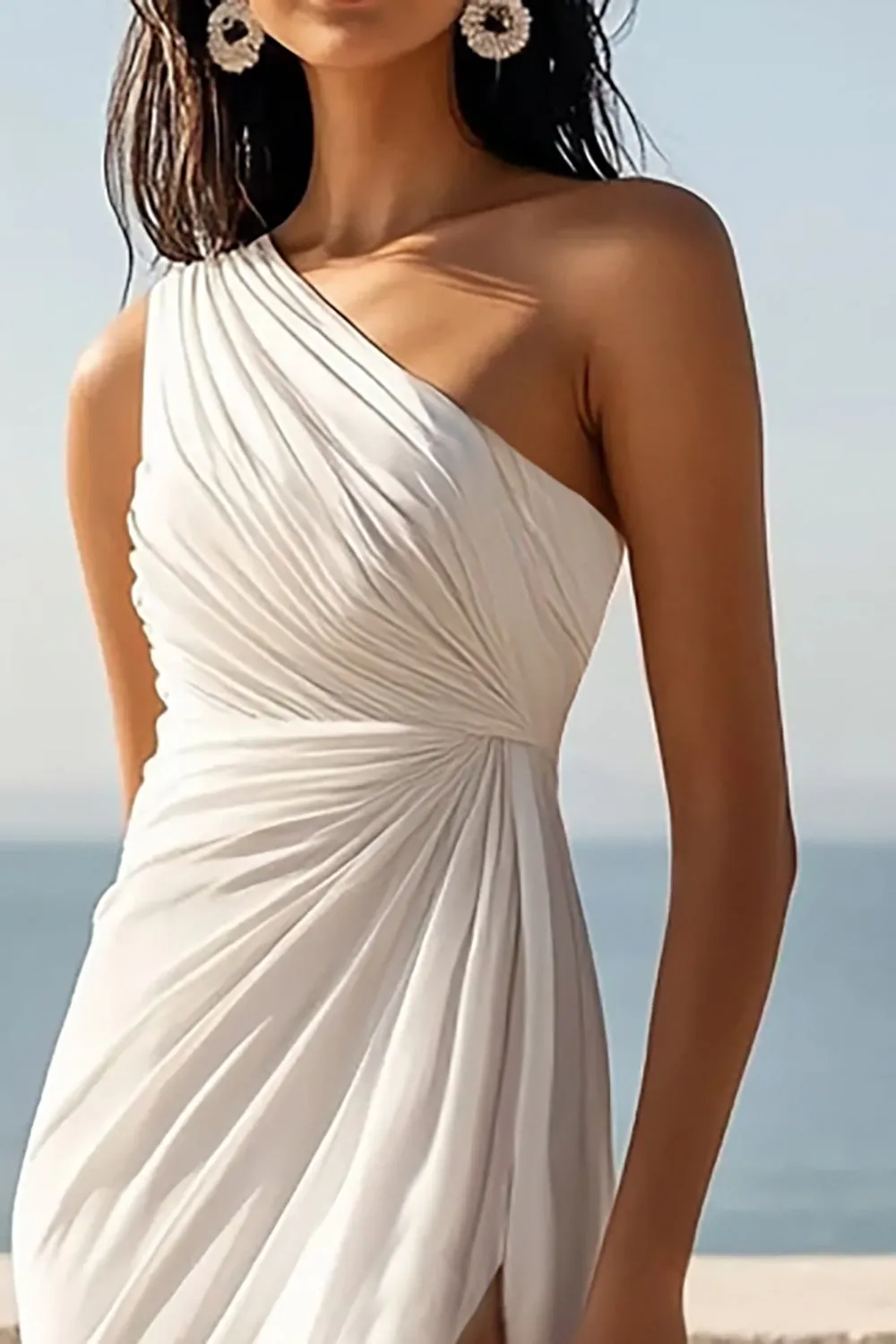 One Shoulder Ruched Ivory Maxi Sheath Beach Engagement Dress with Slit sold by Zapaka product image thumbnail 2