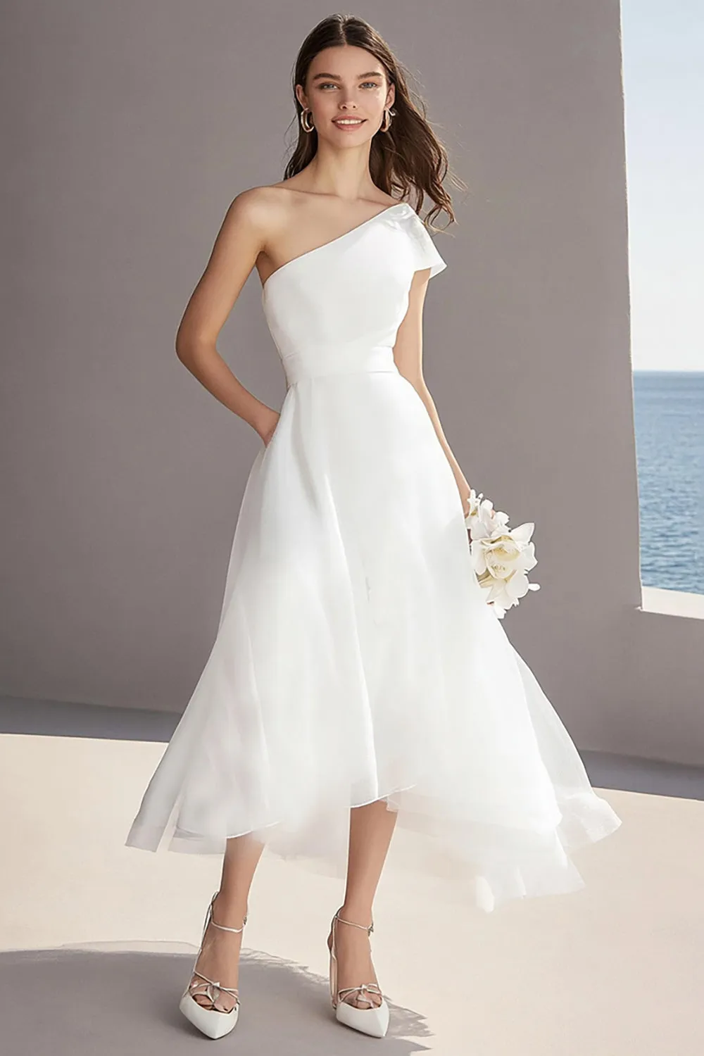 Organza Ivory One Shoulder A Line Maxi Engagement Dress sold by Zapaka