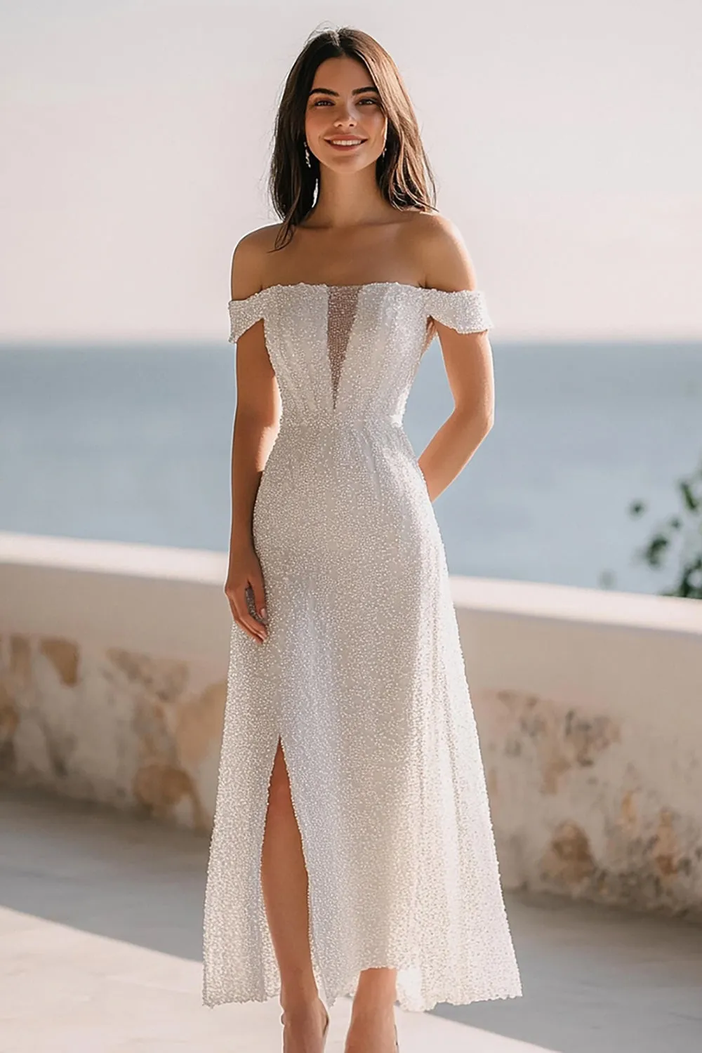 Sparkly Ivory Off the Shoulder Sequin Maxi Rehearsal Dinner Dress with Slit sold by Zapaka