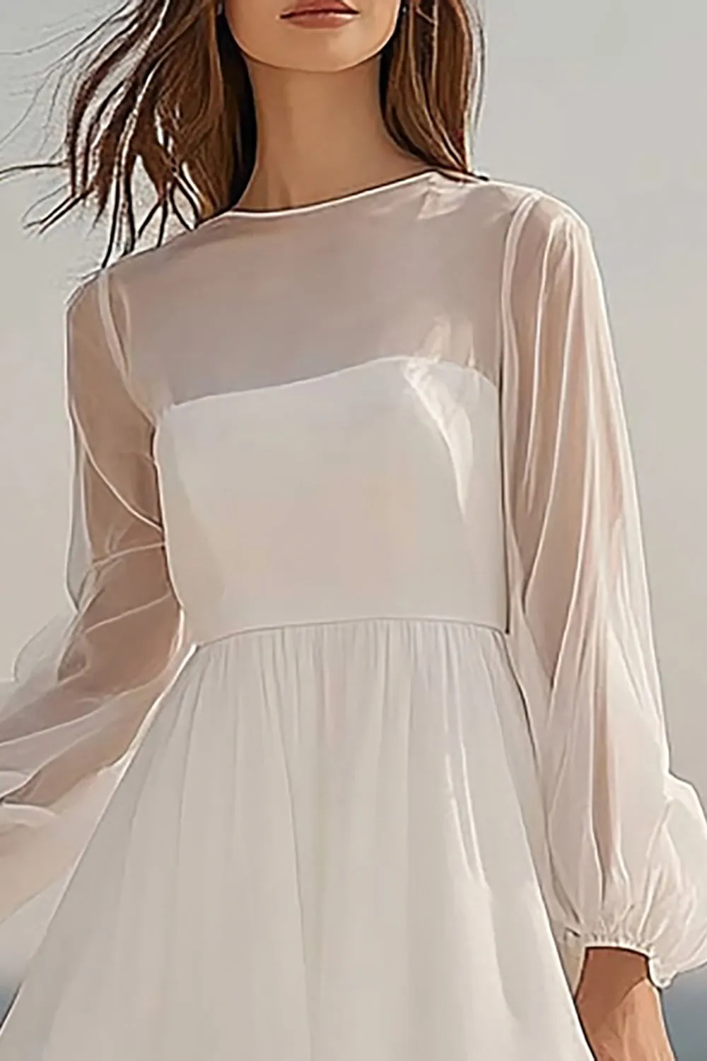 Ivory Organza Midi A Line Bridal Shower Dress with Sleeves sold by Zapaka product image thumbnail 2