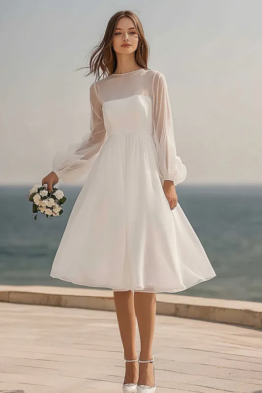 Ivory Organza Midi A Line Bridal Shower Dress with Sleeves sold by Zapaka