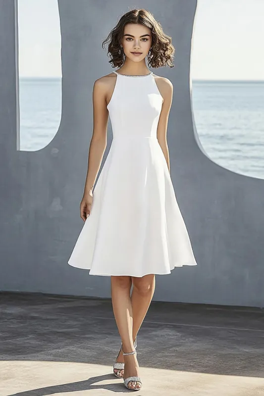 Simple Ivory Satin Halter Short Bridal Shower Dress sold by Zapaka