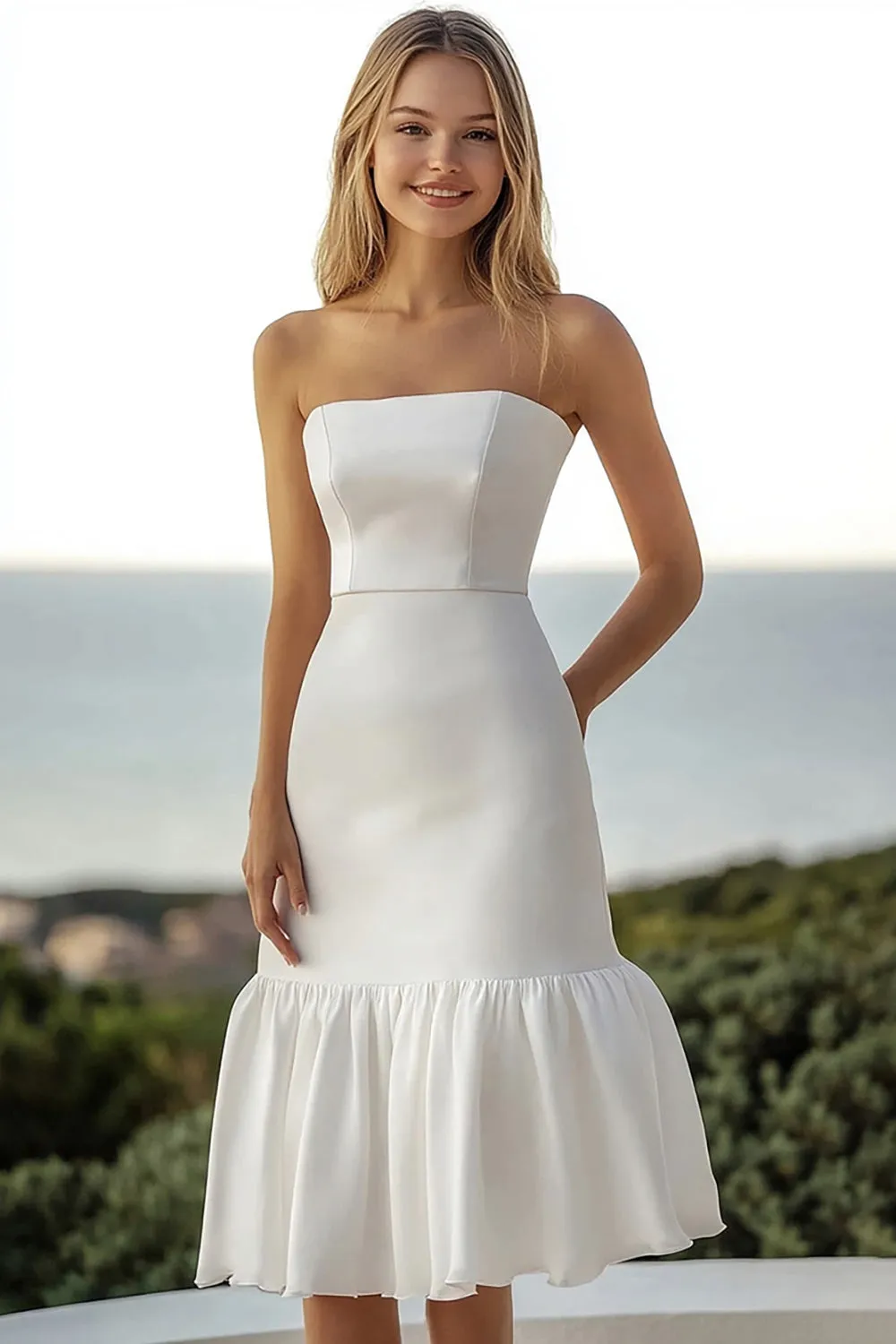Ivory Satin Strapless Bodycon Midi Bachelorette Dress sold by Zapaka
