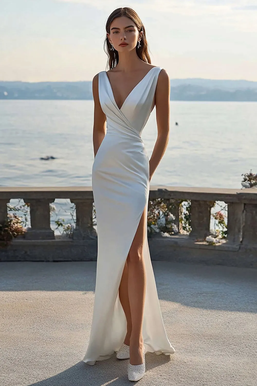 Ivory Satin Sheath V-Neck Maxi Engagement Dress with Slit sold by Zapaka
