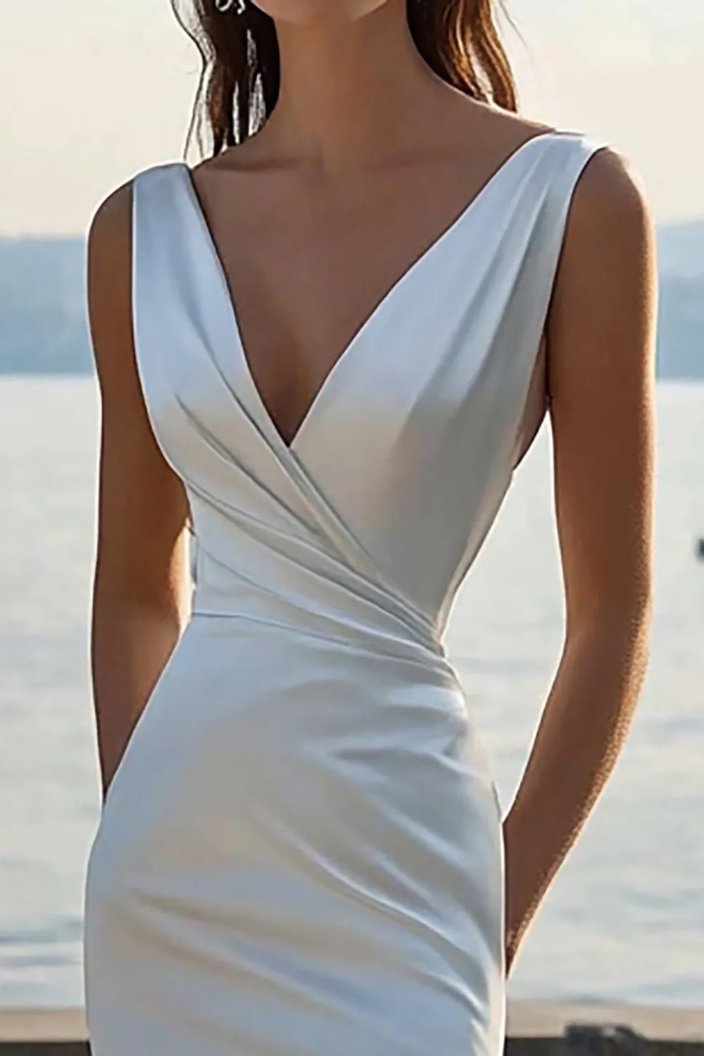 Ivory Satin Sheath V-Neck Maxi Engagement Dress with Slit sold by Zapaka product image thumbnail 2